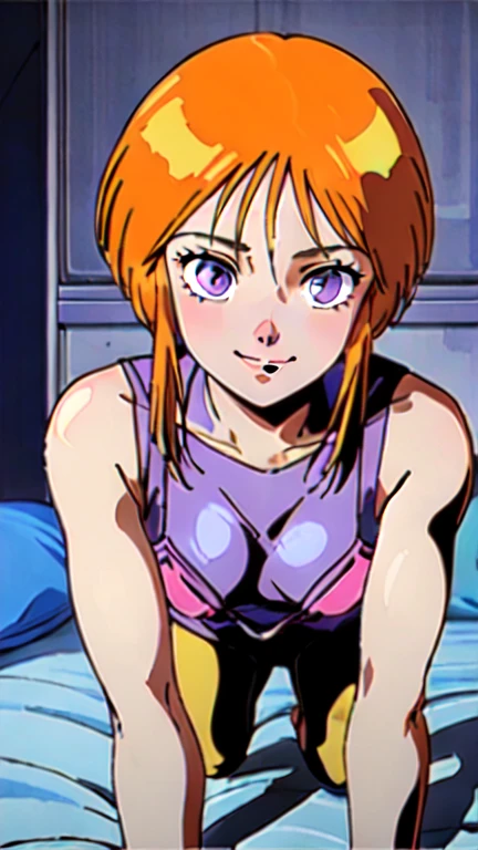 nsfw、solo、masterpiece, high quality, Ultra HD, high definition、1 girl,Elpeo Ple、1990s Style、 short stature 、short hair, orange hair,bangs,short hair with long locks, side lock, hair between eyes ,Light purple pale eyes、 is short、colorful satin bra、colorful satin panties、 looking over here、Droopy eyes、smile、True Face、Ultra Close-Up、 on the bed、 normal breasts、 slender,、Handjob、fellatio、 erect penis、 has a dildo in his hand、looking at viewer、 neon colored lights to open lips vertically、 seductive pose 、 Sexy Poses、dark,dark room,Chiaroscuro、 is on all fours、 closed mouth、 touch the skirt with both hands 、 elementary school students