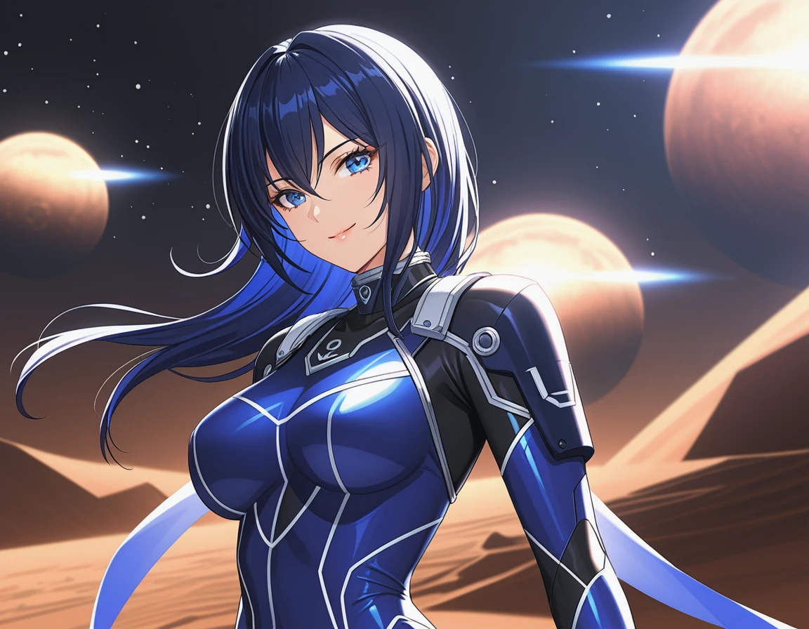 (((Best quality, 8k, Masterpiece: 1.3)), ((best quality)), ((masterpiece)), (detailed), perfect face, perfect body, A beautiful blue-haired girl wearing kamina shades, a sci-fi action set on Mars in the 2500s, a body suit with a black base that emits a glow, a complex pattern that emits light, a smiling face, and blue eyes staring at you, cowboy shot, from side, anchor choker, cinematic lighting, sparkle