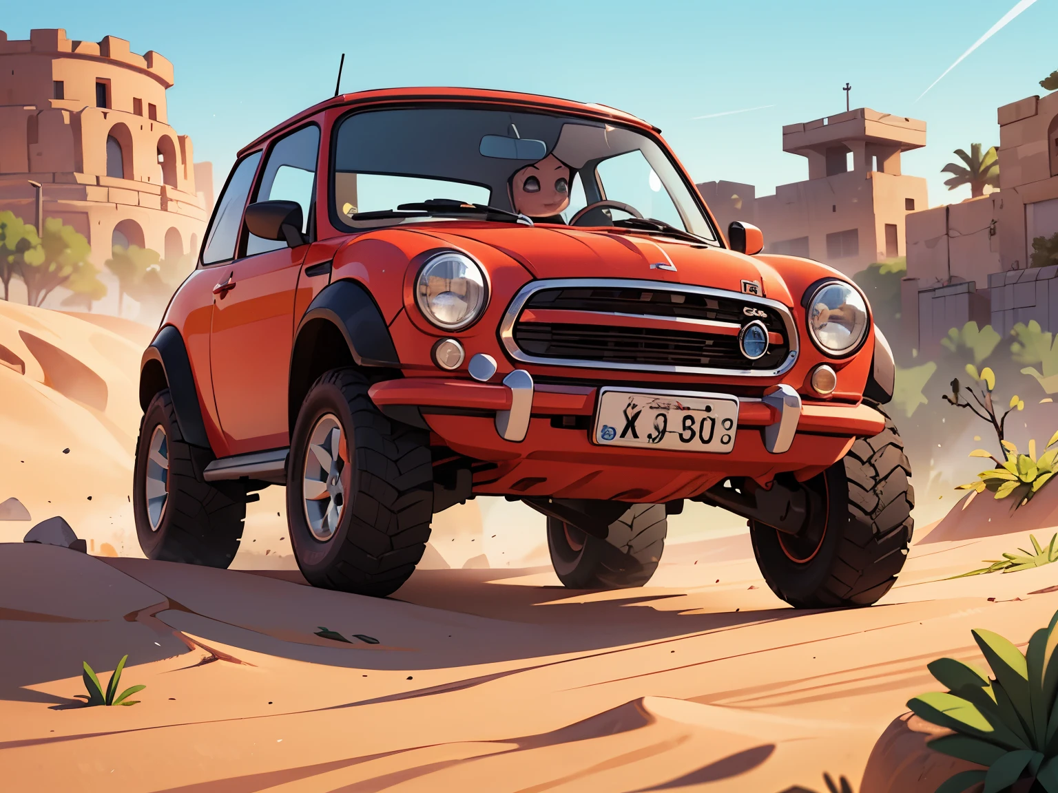 Octa Rendering 、( hyper-detail with standing nipples: 1.2)、(Soft light、sharp: 1.2)、morning、In the desert、Sunayama ， very small old red modified mini car rally car，Front spoiler，Rear wing，Over fender，Very short dress、Cute young girl，Driving a car， dynamic driving experience ，Sand Planet，Desert Rally，Fast and Agile，Jump，sneakers， anatomically accurate，Laughter， dazzling light ，It will happen:1.2，Tamiya box art:1.2，