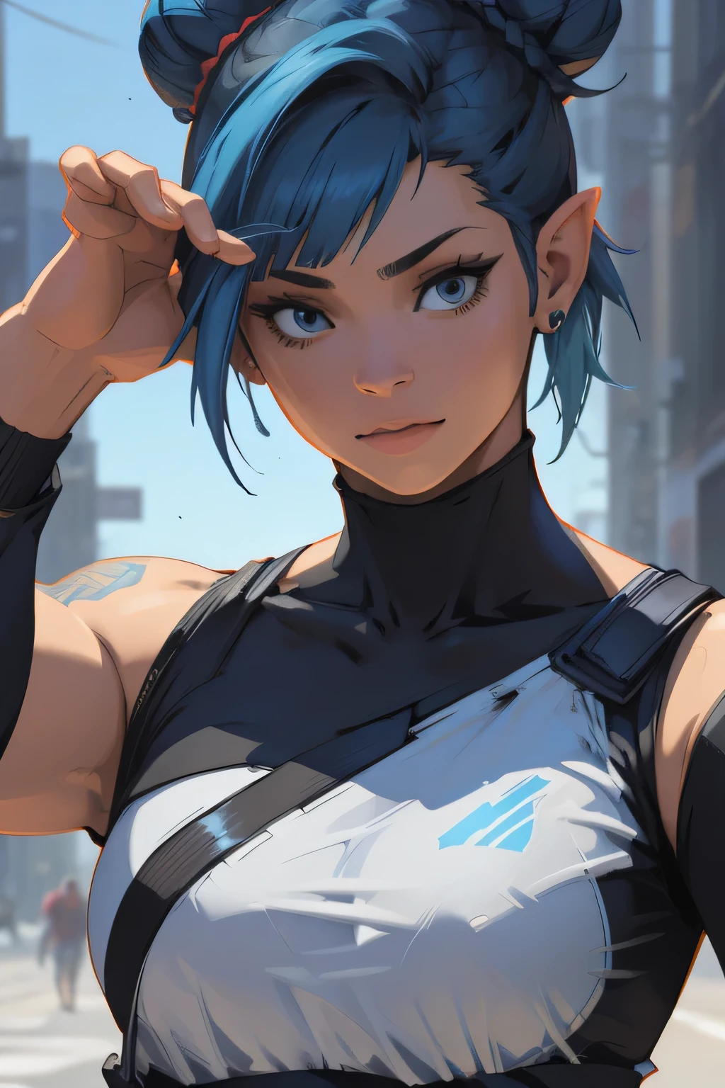 fantasy,concept art there is a woman with blue hair taking a selfie, short blue hair, with blue hair, blue short hair, short blue hair!!!, messy blue hair, halfbody headshot, blue hairs, blue hair, short blue haired woman, chloe price, sky blue highlights in hair, cyberpunk dyed haircut, flowing blue hair, brown hair with light blue ends, blue and black, LAUFEN, SHORT HAIR, DOUBLE BUN, BLUNT BANGS,