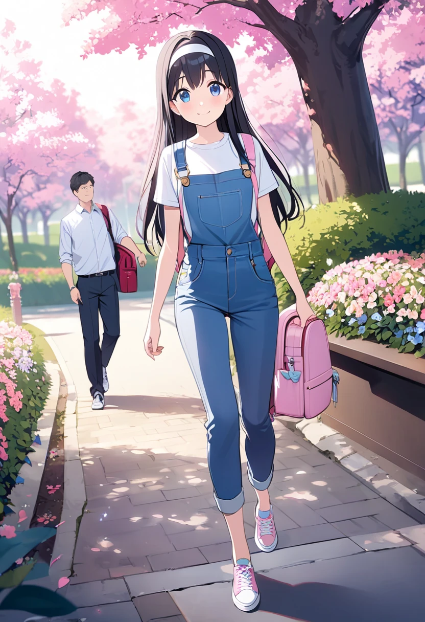  masterpiece、 young girl、 very small chest denim overalls 、  Shiny black hair  、 long straight hair、white headband、 Light blue sneakers 、cute pink backpack 、Dark blue eyes、fun、  innocent smile  、One Man、 male office worker walking hand in hand with girl、Flowering park、