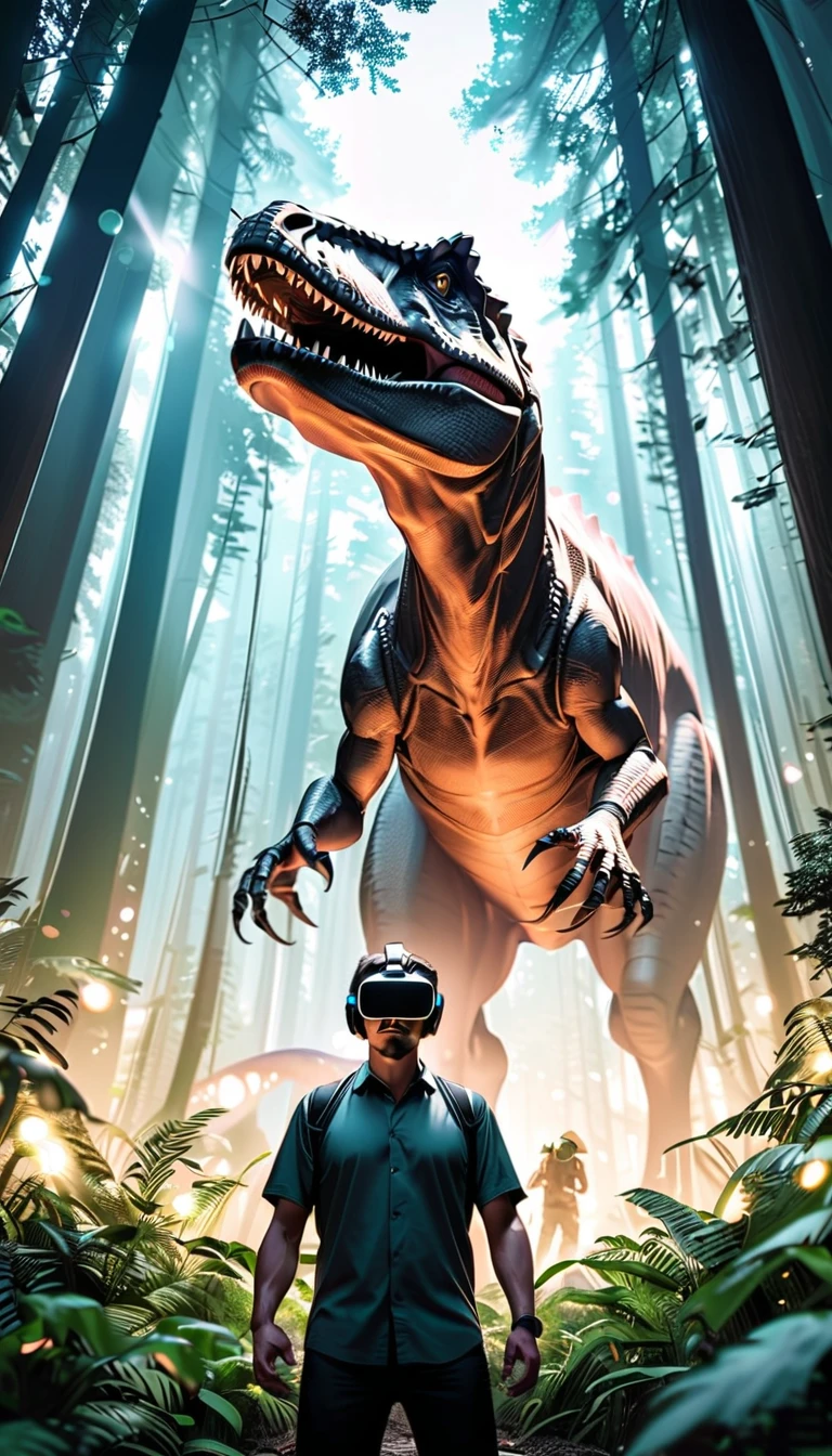 Virtual reality scene of a man navigating through a digital world. A man with a VR headset standing in the middle, facing the viewer. The forest with a giant t-rex standing behind the man. Wireframe can be seen in parts of the dinosaur's body and the environment. Camera with bokeh effect, with the dinosaur blurry in the background.