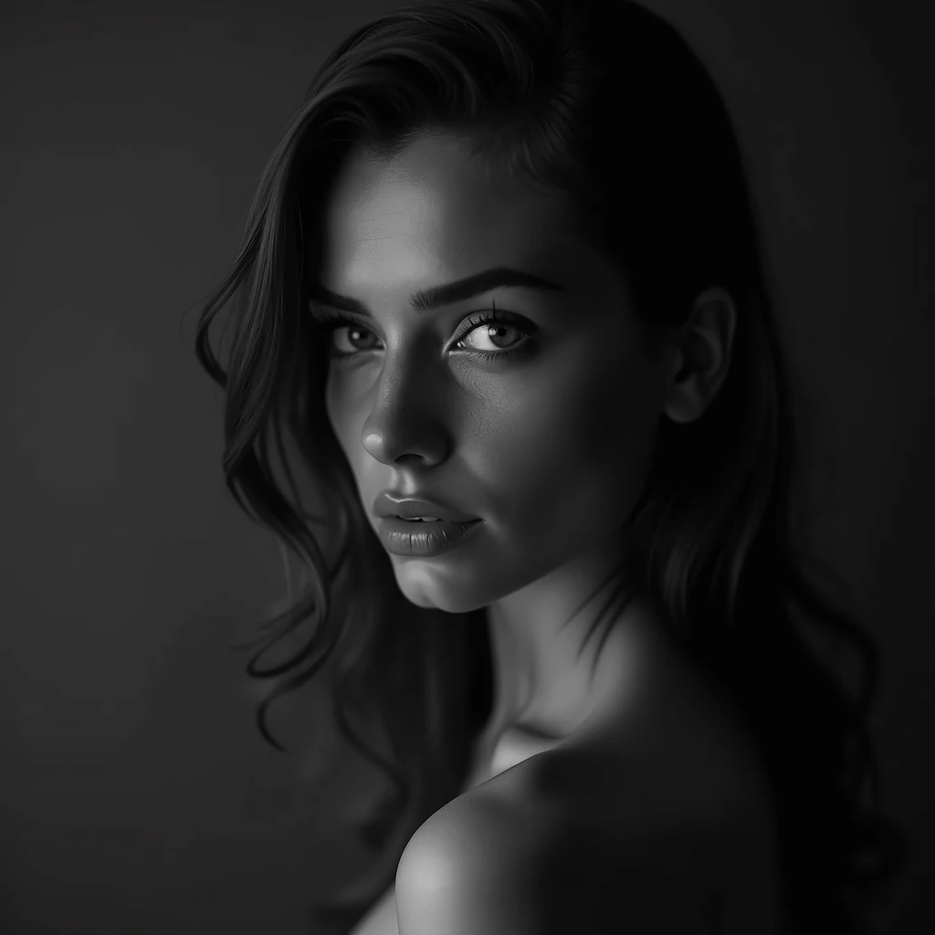 malese jow, full lenght professional photography black and white, less clothes, detailed beautiful face, stunning eyes, elegant expression, dramatic lighting, high contrast, cinematic mood, moody atmosphere, masterpiece, (best quality,8k,highres,ultra-detailed,realistic,photo-realistic:1.37),