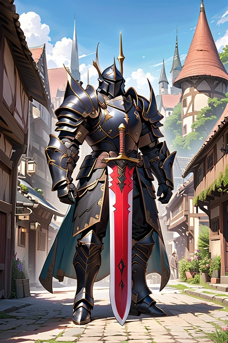 man,  Fairy Slayer ,  Heavy Armor Handheld Giant Sword,  Background Village Center , Full Body View , man,  Very detailed,  high detail