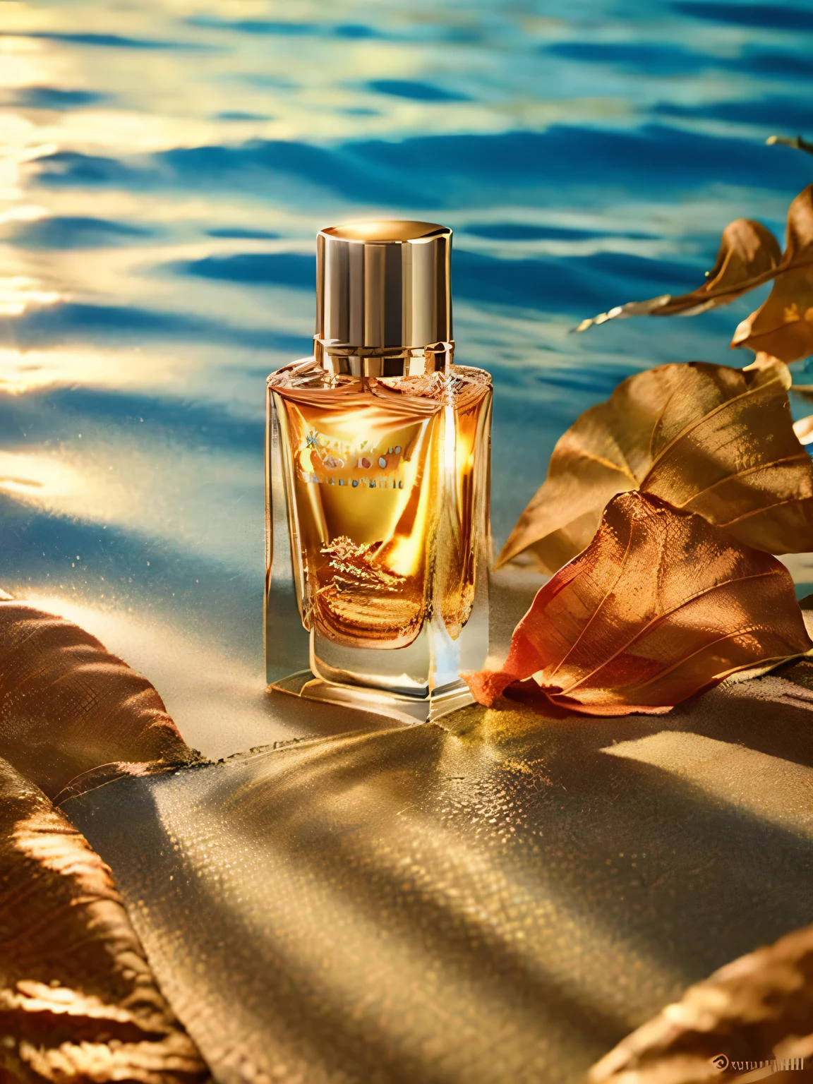 In a sun-drenched beach setting, the soft, powdery sand reflects hues of black and gold as the sun's rays glimmer across the surface like sparkling gems. A delicate glass bottle, elegantly shaped and adorned with intricate golden foil, rests gently amidst the grains. Its vibrant colors transition seamlessly from deep obsidian at the base to a warm, sunlit bronze toward the top. The ocean waves rhythmically lap at the shoreline, their gentle roar mingling with the faint rustle of palm fronds swaying in the warm breeze. The air is infused with the fresh, salty scent of the sea, blending harmoniously with the sweet fragrance of the luxurious skincare product inside the ornate bottle. As warm sunlight bathes the scene, it casts playful shadows, enhancing the tranquil yet opulent atmosphere of this serene seaside moment.

