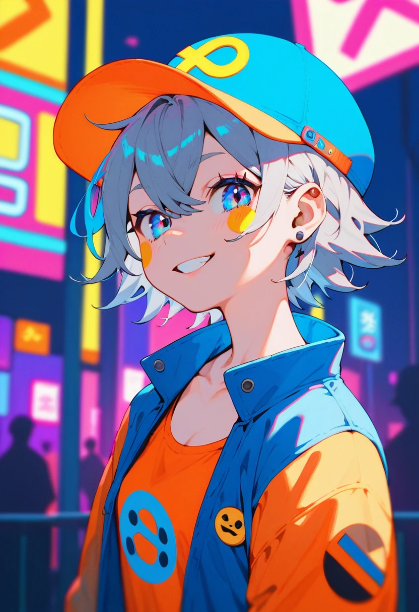 anime girl wearing a hat, Gray Hair, Street background in neon pink and blue hues, scar, stickers, Grinning smiley face icon