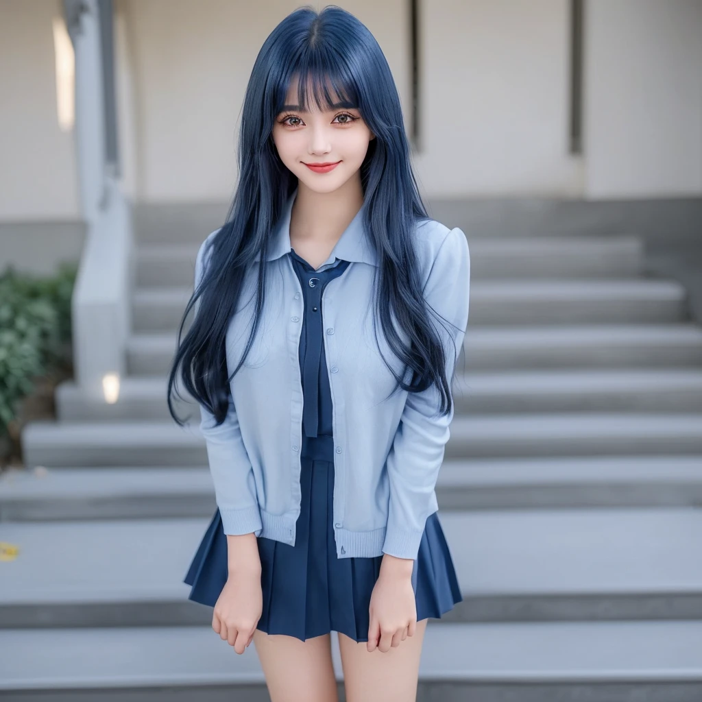 (Girl Standing On School Steps),1 girl, dark blue hair, bangs, long hair, sparkling eyes, long eyelashes, compensate, light smile, Depth of written boundary, One person&#39;perspective, close, from below, wide angle, f/1.8, 135mm, canon, nffsw, retina, table top, Accurate, anatomically correct, rough skin, Super detailed, advanced details, high quality, 最high quality, High resolution, 1080P, 4K, 8k,(Female student climbing the stairs at school),46 point diagonal bangs,Female student、((uniform: White blazer with emblem on the chest))、translucent white blouse、(red bow tie)、（( In bright colors,Check stripe)（）、laughter,((Skirt soars in the wind)),((White lace panties are visible))、