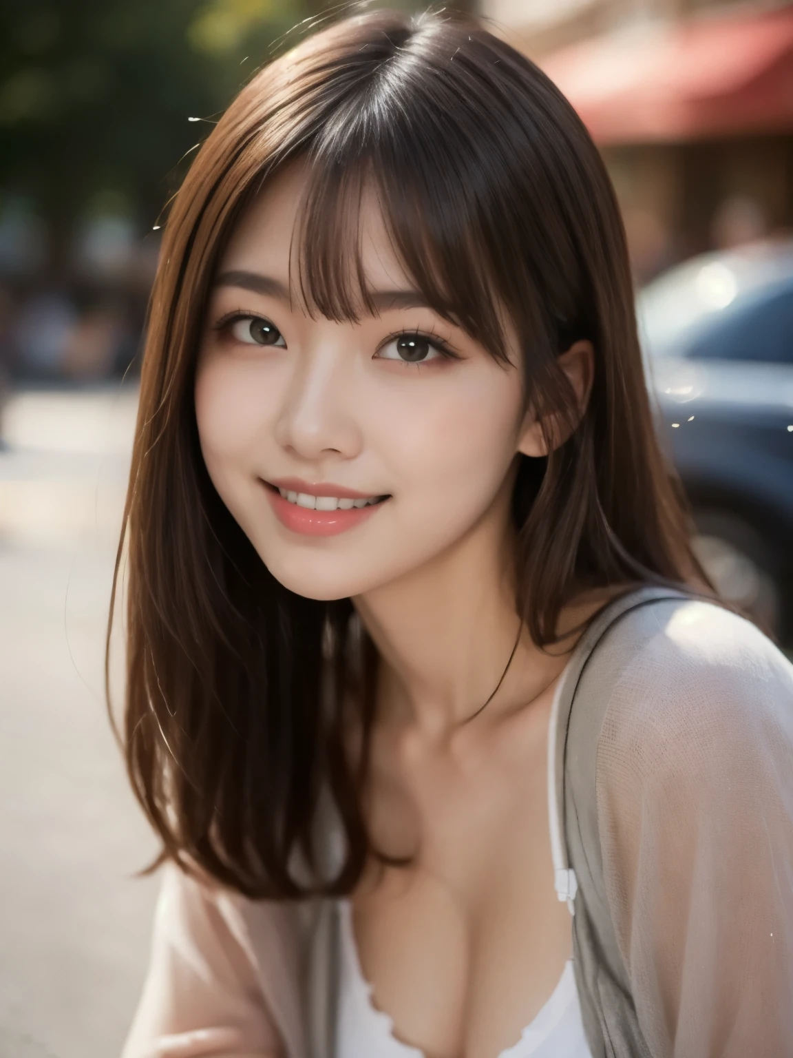 8k、Best Quality、Ultra Wide Angle Monofocal Lens 、(Representative Works:1.2)、( real)、( real:1.37)、One high school girl、 beautiful alignment of teeth、smile、Well-formed fingers、Around town、( cute plain clothes)、Big Breasts、 Perfect Body 、Gravure photoshoot、Perfect Fingers、Beautiful Skin、Professional Lighting、Face and skin detail、Microparticles、 RAW Photos