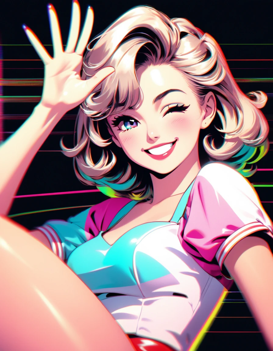 Retro pin-up girl, 80s retro girl winking, smiling and giving an OK sign. RGB Color Shift, chromatic aberration, RGB Shift Video Glitch Photo Effect, Color Noise Texture