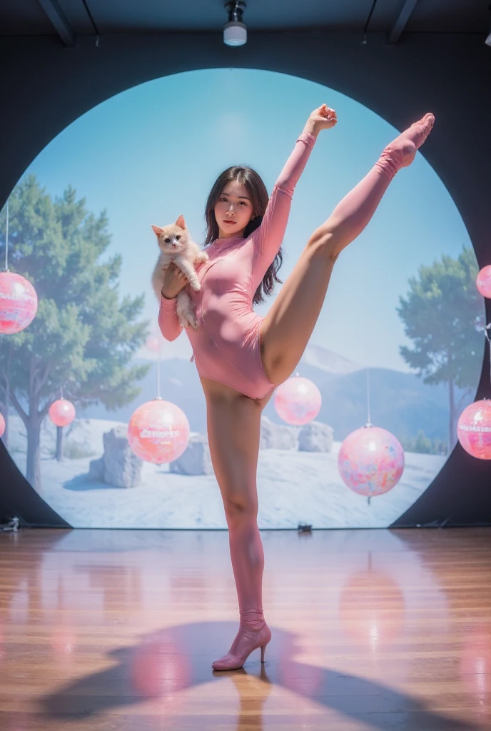  Future Museum ，（（（（（Standing Splits）））））， Transparent tights ， a pink space navy holding a cat,  cute fantasy background , rainbow,  spreading love meme , x holding y ,  Double Exposure ,  laser background or space background , photo, helmet，Outer Space