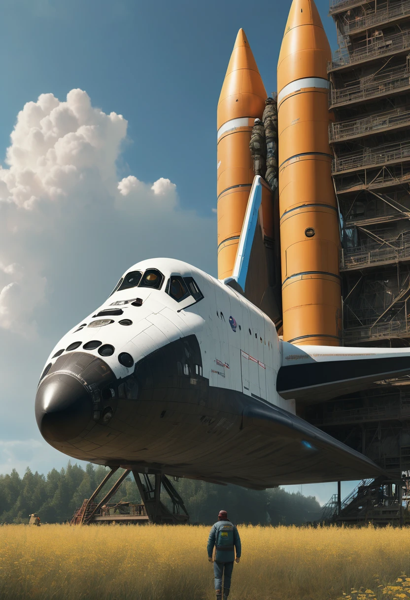 ((​masterpiece、top-quality、ultra-definition、hight resolution))、4K picture qualitya rusted space shuttle in a field, a village landscape, people standing, (best quality,4k,8k,highres,masterpiece:1.2),ultra-detailed,(realistic,photorealistic,photo-realistic:1.37),HDR,UHD,studio lighting,ultra-fine painting,sharp focus,physically-based rendering,extreme detail description,professional,vivid colors,bokeh,Simon stalenhag style ((​masterpiece、top-quality、ultra-definition、hight resolution))、4K picture quality