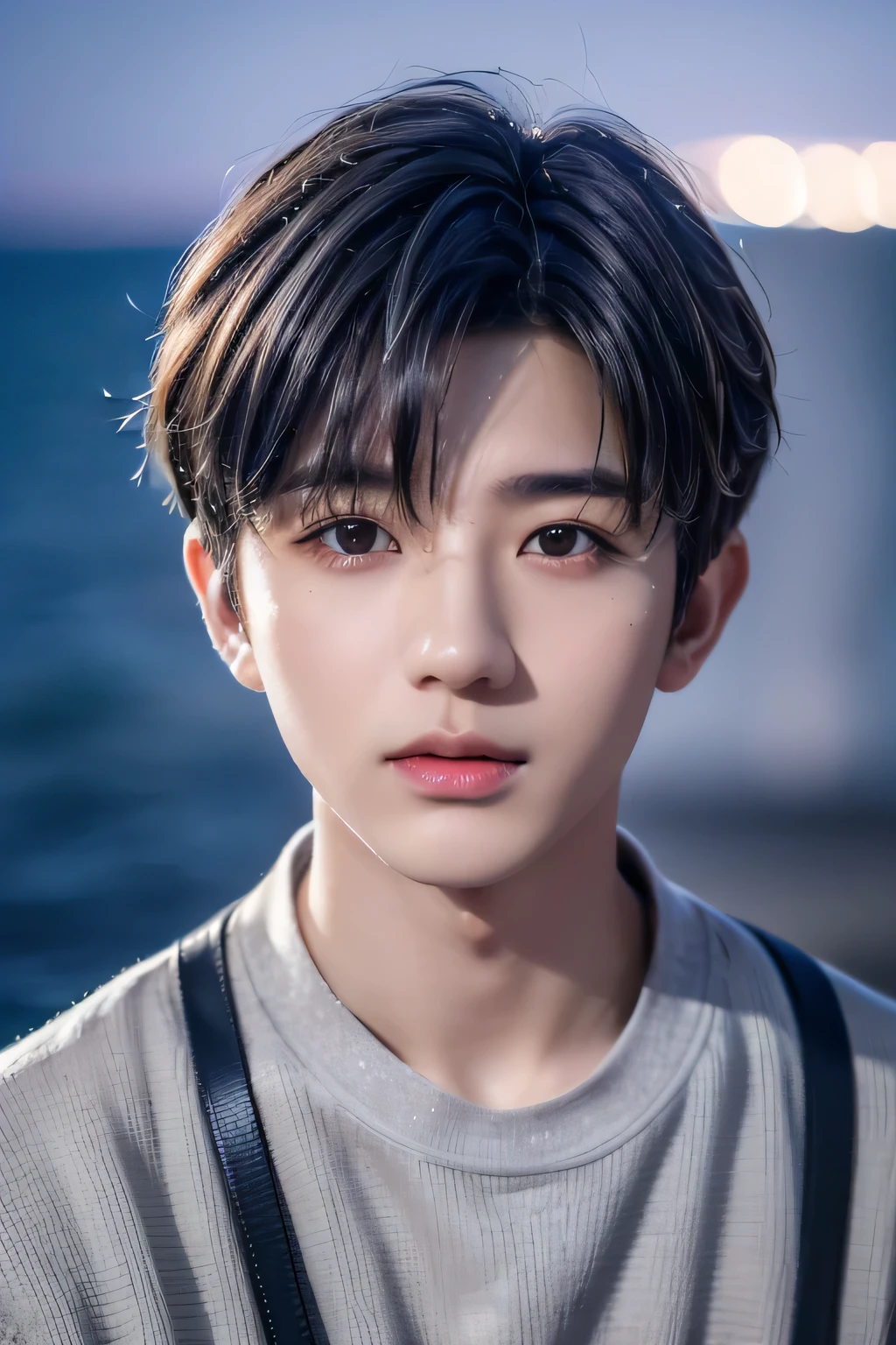 1 male、8Ｋ、Best Quality、masterpiece、(face shot close-up:1.4)、、grey and white striped sweater、(Gray Hair、Short Hair):1.25、( realistic skin:1.1)、(( Unkempt Hair ))、((()))、( professional lights and silhouettes:1.3)、(( sandy beach、sea、Night view))、foreground-background emphasis composition、