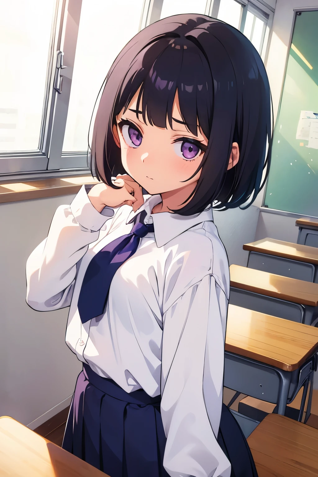 Flat Chest Black Hair Bob short hair Purple Eyes embarrassed expression((One person)) Upper Body White Long Sleeve Blouse Navy blue skirt for lower body white panties (( I Can See His Panties))School classroom Standing by the window Lower body center dynamic angle low angle