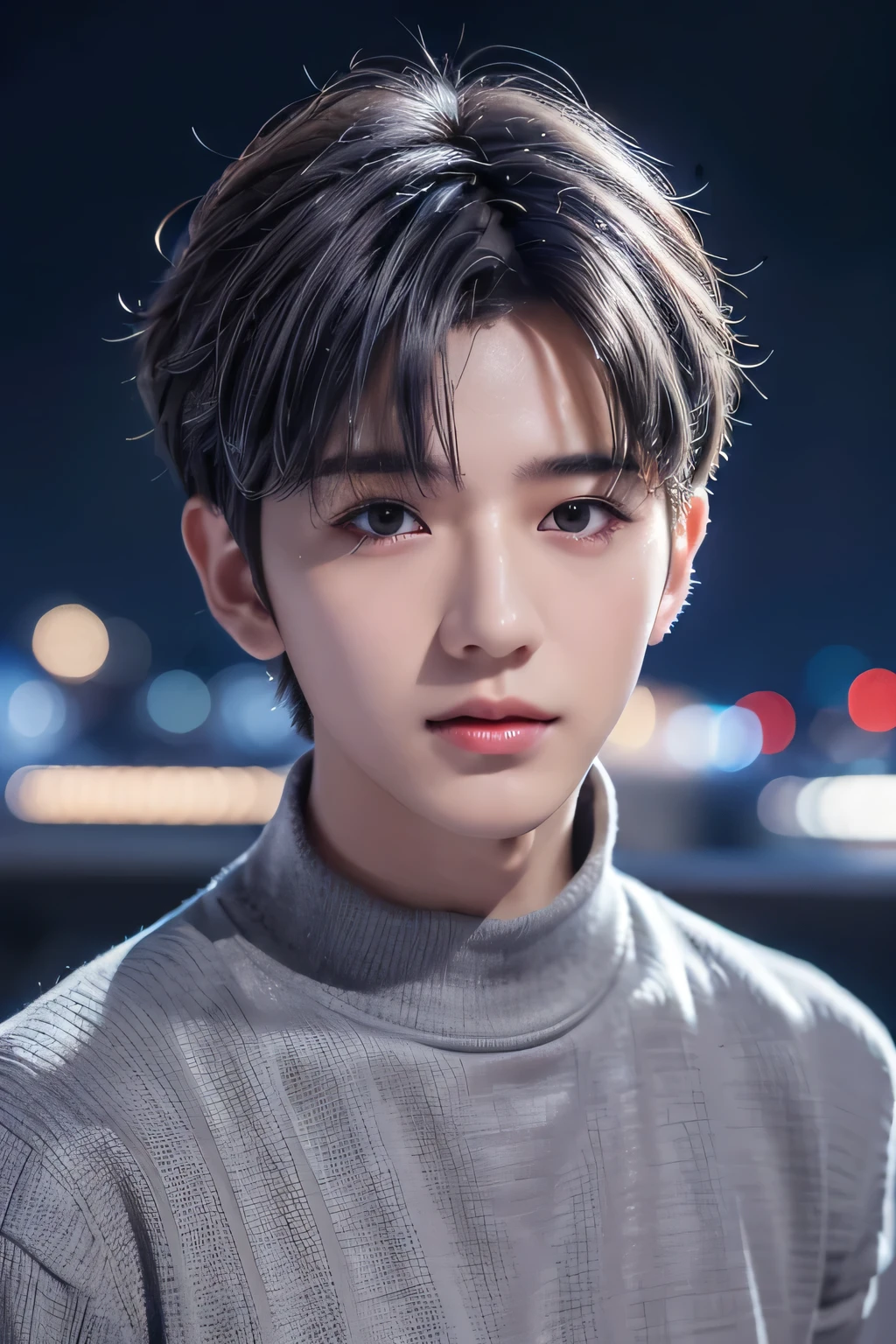 1 male、8Ｋ、Best Quality、masterpiece、(face shot close-up:1.4)、、grey and white striped sweater、(Gray Hair、Short Hair):1.25、( realistic skin:1.1)、(( Unkempt Hair ))、((()))、( professional lights and silhouettes:1.3)、((rooftop、Night view))、foreground-background emphasis composition、