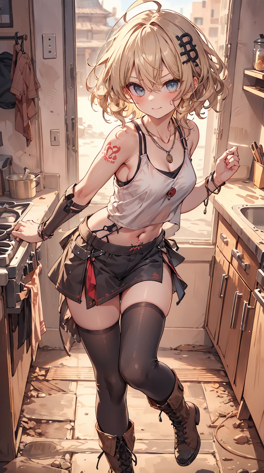 masterpiece, 1 girl, sparrow, a blonde haired girl, wearing a medieval villager clothes, curly long hair, messy hair, slim body, he close her left eye, shirt ornament, ruby eyes, ahoge, baby face, beautiful eyes, boots, droopy eyes, her age is 19, nagisa_bluearchive, seductive face, short hair, seductive smile, curly hair, MongolPunkAI, medium breasts, view from ass, she tease you, lend a hand to you, she very close to you, smug smile, rainbow_one, tanktop, pantsu, crocth tattoo, necklace, angry, kitchen, sleeveless, navel, panties