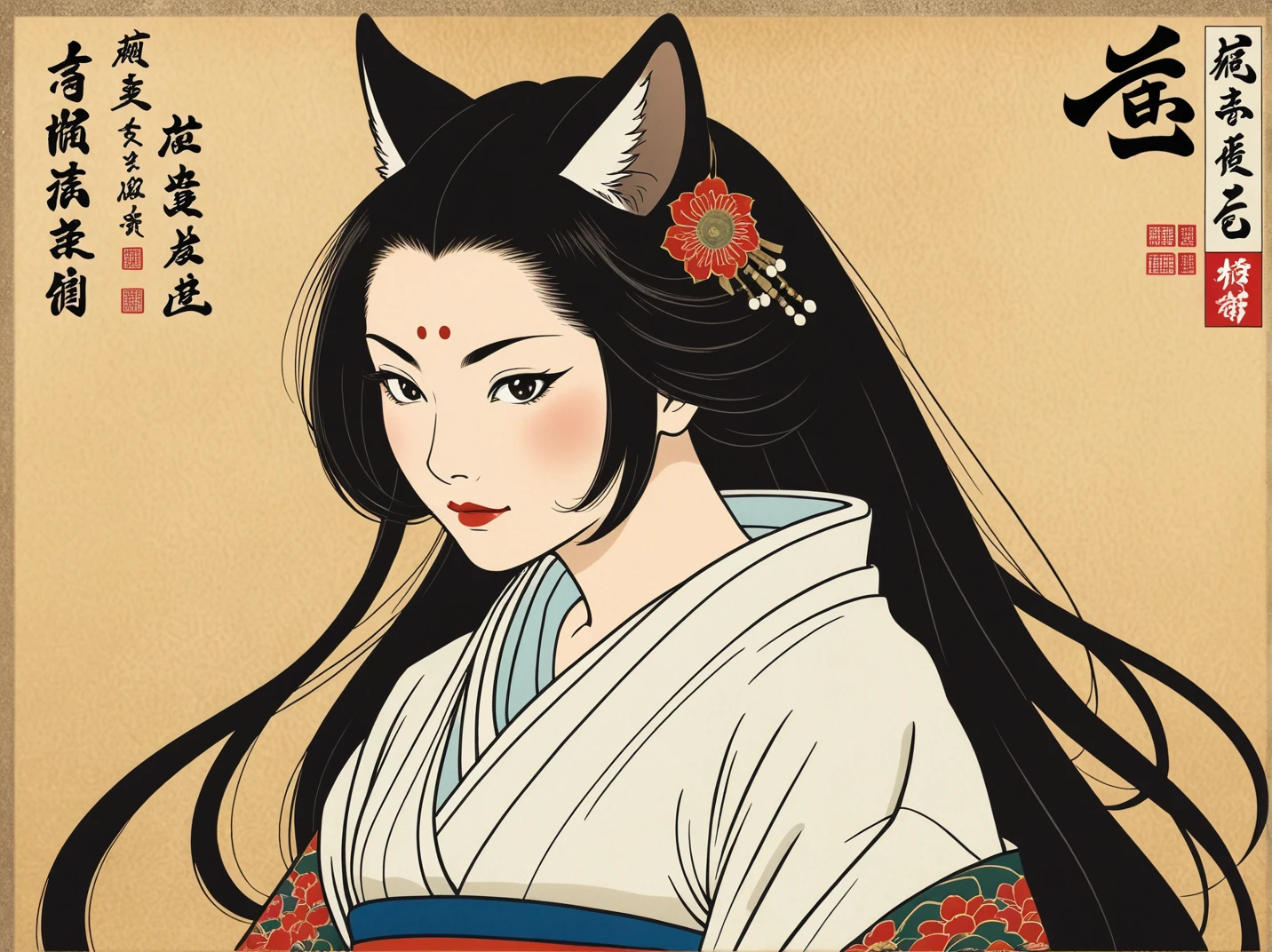 Japanese horror, monochrome, grayscale, monster fox, demon fox, fox monster, female fox transformation that consumes and kills men, shiny eyeshadow on upper eyelids, half-closed eyes, Heian aristocrat, 1 mature woman, peerless beauty, solo, 35 years old, old Japanese hairstyle, saggy big breasts, glamorous, soft and curvy, beautiful mature woman of a Japanese aristocrat from the Heian period with fox ears and nine fox tails. Her nature is cunning, greedy, and lustful, and she is unparalleled evil. If you pick up an old Japanese picture scroll and look at it, you will be surprised at how beautiful the women depicted are. The scroll depicts a great evil female demon, an evil fox called a nine-tailed fox, imported from China, transformed into a beautiful princess of a Heian noble family. It is a cursed scroll that captivates those who see it with its vivid sexiness, as if it could come to life at any moment., amazing artwork in the style of osamu tezuka,  