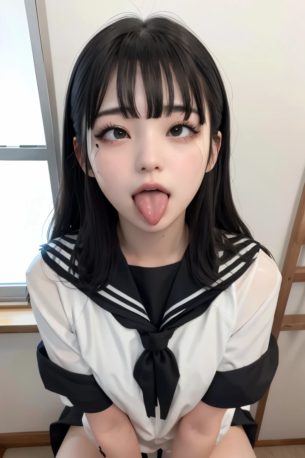  masterpiece、(Best Quality:1.4)、1girl、(nsfw)、Super detailed、Head view、 view looking down from directly above　Black Hair、Blunt Bangs　16years old、 Japanese high school girl sailor suit　 ahe face、Acme Face、 stick out your tongue、 drool 、 saliva on clothes、 spit milk out of your mouth、White milk 、long tongue、リアルな drool 、Lots of saliva、Liquid in the mouth 、Large amounts of liquid　Realistic sunlight 、Realistic Shadows　face  focus、face close-up