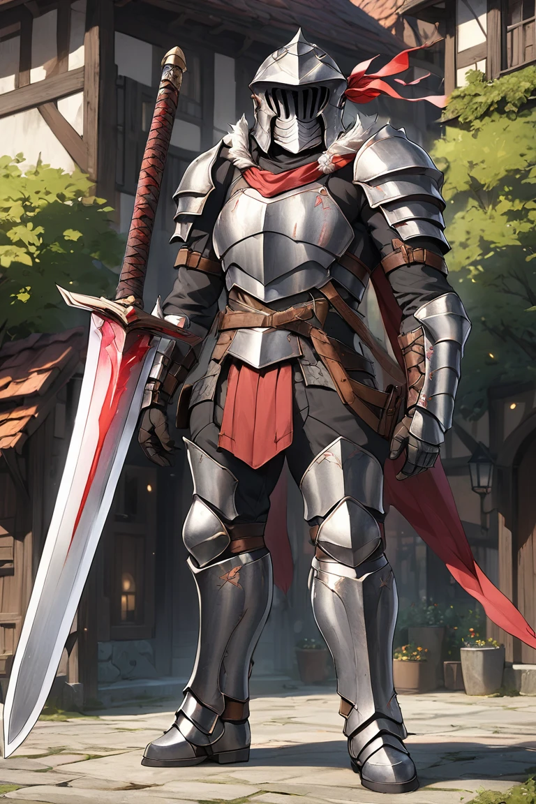 man,  Fairy Slayer ,  Heavy Armor Handheld Giant Sword,  Background Village Center , Full Body View , man,  Very detailed,  high detail