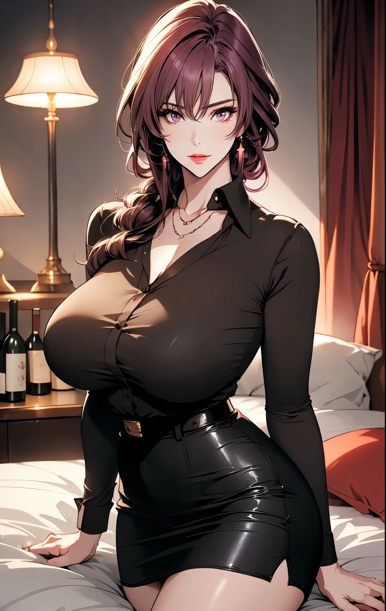 Illustration, cowboy shot, 1women, looking at camera, smile, (Milf), (detailed mature face), (expressive face, naughty face, confident), laying in bed, BREAK, makeup, (mature body, tall women), ((wine colored hair:1.2)), ((bangs, hair between eyes)), ((detailed eyes:1.3)), ((sharp eyes, perfect eyes)), beautiful lips, ((gigantic round breasts:1.3)), collarbone, (cleavage, nipples), (((slim waist, wide hips, thick thighs))), BREAK, (star-kafka), ((long sleeves tight shirt, unbuttoned shirt, collared shirt, tight skirt)), BREAK, anime, ((best quality)), masterpiece, highly detailed, high resolution, intricate design, indoors, night theme, vibrant colors, natural lighting, soft shadows, proportional body