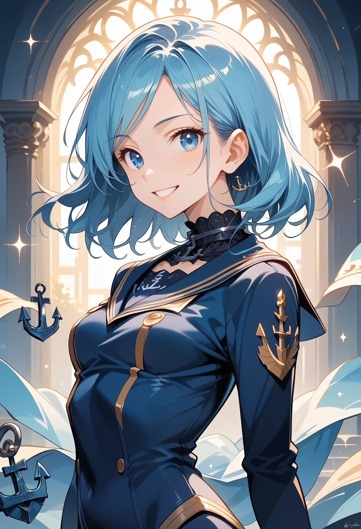 (((Best quality, 8k, Masterpiece: 1.3)), ((best quality)), ((masterpiece)), (detailed), perfect face, perfect body, A beautiful blue-haired girl wearing kamina shades, a sci-fi action set on Mars in the 2500s, a body suit with a black base that emits a glow, a complex pattern that emits light, a smiling face, and blue eyes staring at you, cowboy shot, from side, anchor choker, cinematic lighting, sparkle