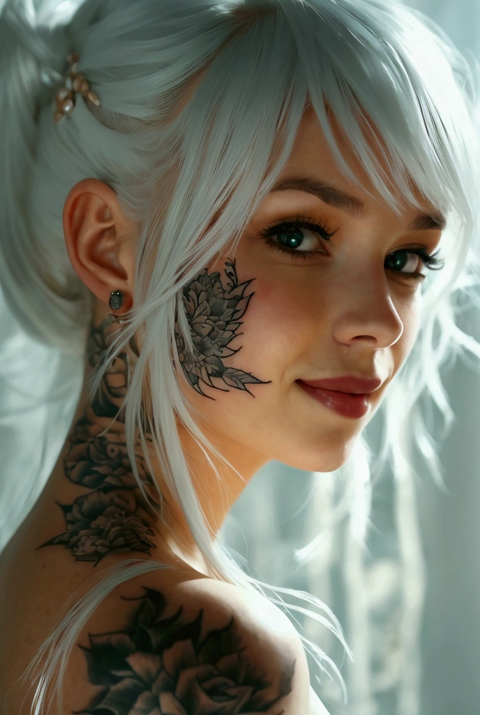 Top quality, Tattoo, 1 beautiful woman, white hair, long hair, shy-smile