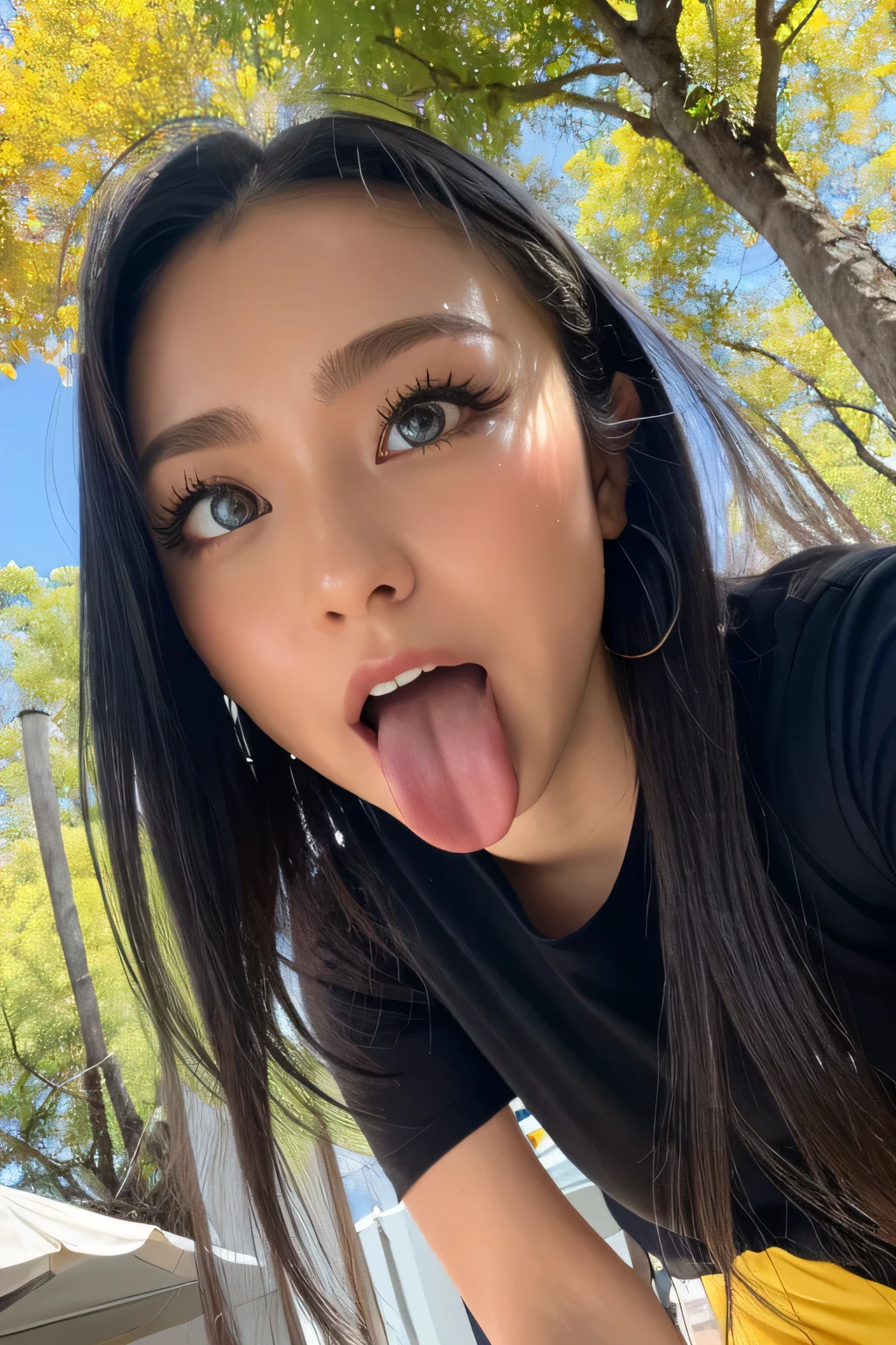 1 girl, table top,,Award-winning photo, very detailed, (( face))、 Keep Your Eyes Focused , Nose and mouth, face focus , Woman Who Open Her Mouth and Close Her Eyes , FACE FOCUS close-up 、age: 18 ,Black-haired、 with a symmetrical face , Insulated、 Wide angle from below 、Extended C-shaped nostrils 、 sweated skin、 sweated, Lighting that highlights shiny skin、(((Loose fitting t-shirt, shorts),)) sweated, shiny skin、shiny skin、Big Eyes、 double eyelids 、( my tongue is wet and glowing) ((Wet tongue)) ((Zelkova trees、autumn)),Taylor Hill, Surreal,real skin、Nogizaka Members,