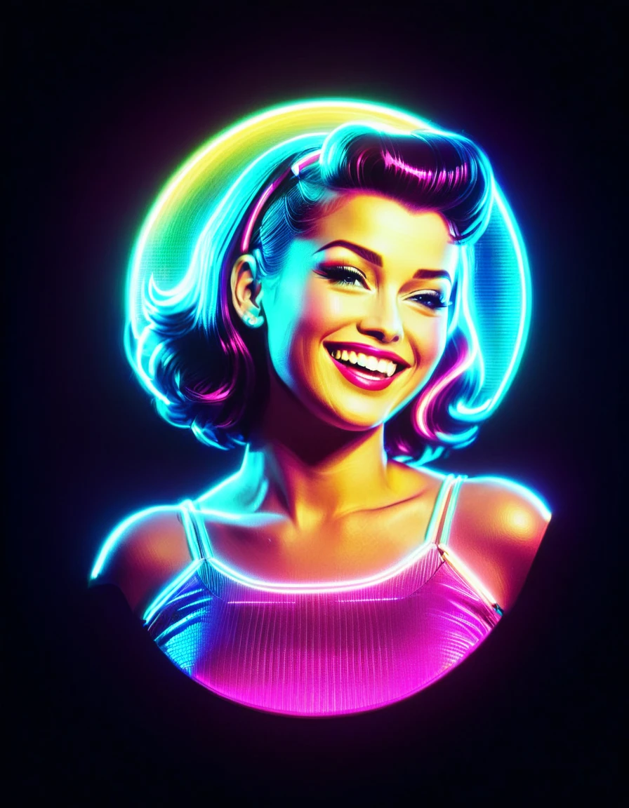 Retro pin-up girl, vaporwave style. 80s retro girl winking, smiling and giving an OK sign. RGB Color Shift, chromatic aberration, RGB Shift Video Glitch Photo Effect, Color Noise Texture