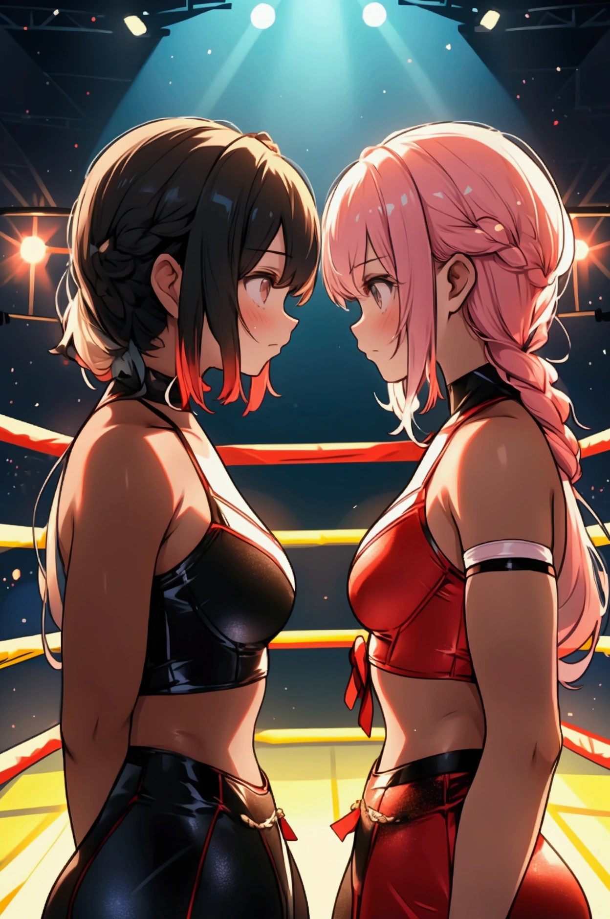 Two girls standing in a pro wrestling ring,The two are facing each other, staring at each other and locking up,