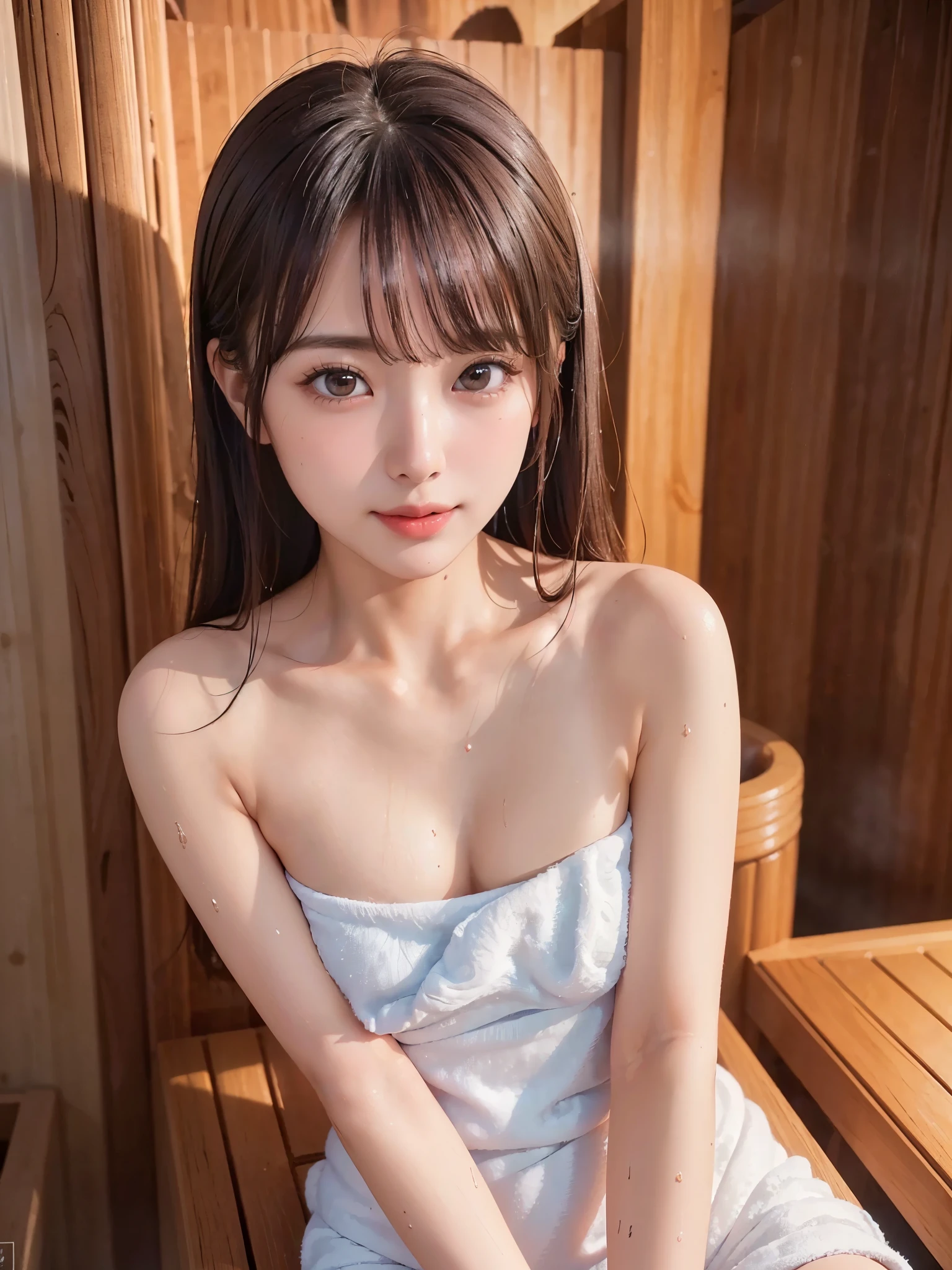 (1 female soloist):1.5, (sauna:1.3), (whole body:1.3), (Wet Hair,wet hair dark brown hair ), (Best Quality, photorealistic:1.4, table top:1.3, RAW Photos:1.2, Cinematic Light, very detailed illustration), (Very carefully drawn face, Super Beautiful Maid, Very delicate eyes , Ultra Detailed News, Highly detailed mouth, Highly detailed facial features, Ultra-detailed body, Detailed hips, Thigh details), (Small breasts:1.3), emphasizing his muscles , showing cleavage , (Very detailed towel fabric long dress:1.3, Strapless ), ( Sweat a Lot ), ( showing ), lean forward, smile:0.8,