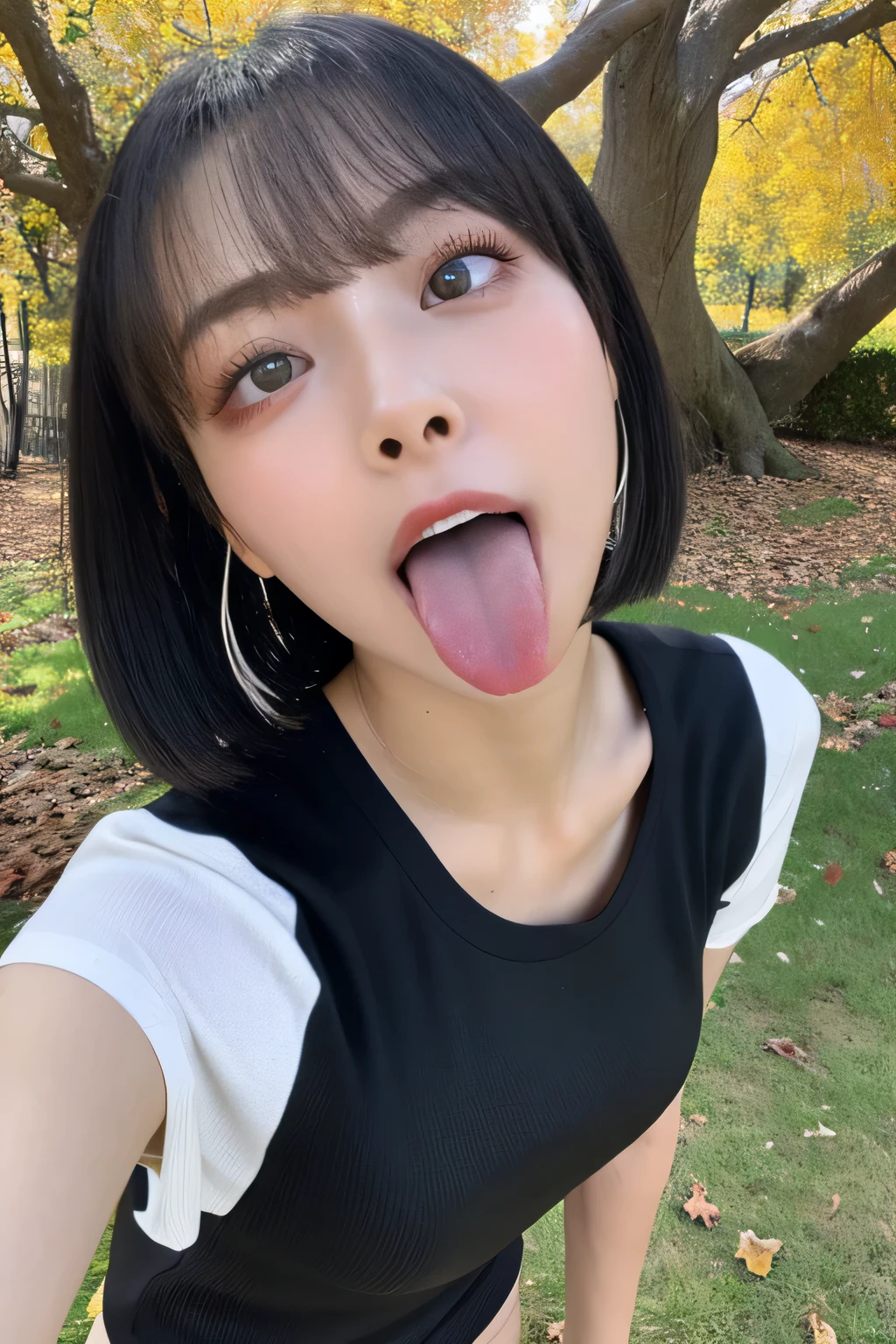  1 girl, table top,,Award-winning photo,  very detailed, (( face))、 Keep Your Eyes Focused , Nose and mouth, face focus ,   Woman Who Open Her Mouth and Close Her Eyes ,  FACE FOCUS close-up 、age: 18 ,Black-haired、 with a symmetrical face , Insulated、  Wide angle from below 、Extended C-shaped nostrils 、 sweated skin、 sweated, Lighting that highlights shiny skin、(((Loose fitting t-shirt,  shorts),)) sweated, shiny skin、shiny skin、Big Eyes、 double eyelids 、( my tongue is wet and glowing) ((Wet tongue)) ((Zelkova trees、autumn)),Taylor Hill, Surreal,real skin、Nogizaka Members,