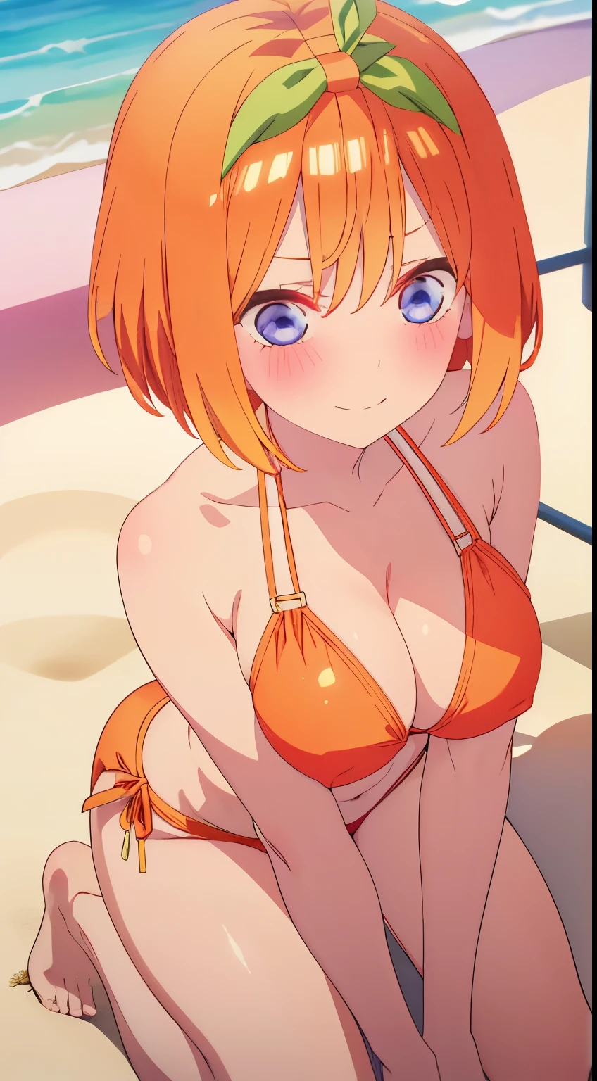 (Best quality:1.3), nakano yotsuba, orange short hair, , bikini, smiling, busty, beach, kneeling, (), (blushing:1.3) siting