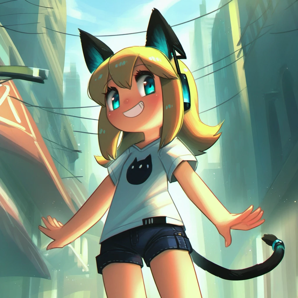 masterpiece, best quality, very aesthetic, absurdres, 1girl, (porforever:0.7), cat ears, shirt, shorts, city background, smile