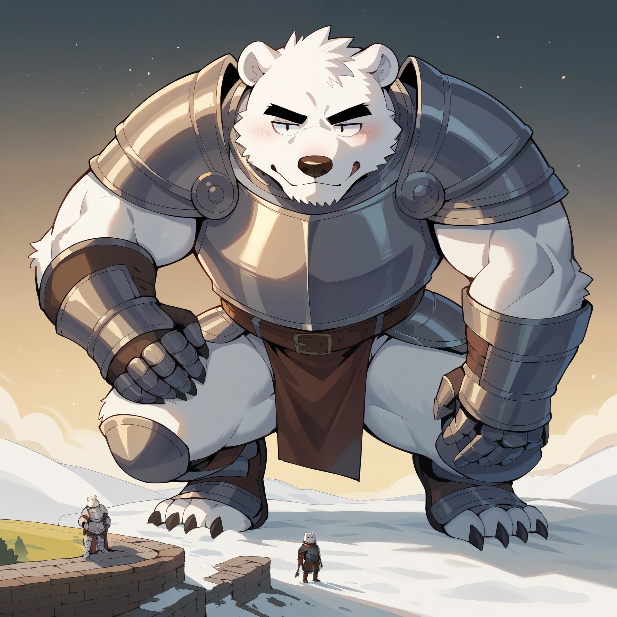 Polar Bear,Full body portrait of an individual, chubby belly,Strengthens muscles,Thick arms,Strong muscles,Naked from the waist down,White plush fur,handsome face,Black eyebrows,Sky blue eyes,White beard,cloak,loincloth,battlefield,Solitary,furry,high quality,Get down on one knee,bondage rope on feet,detailed face(best quality),tongue out。red,Handsome runes on the face,Coordinated composition,Blushing on the face,shy expression,Solitary, anthropology,alone