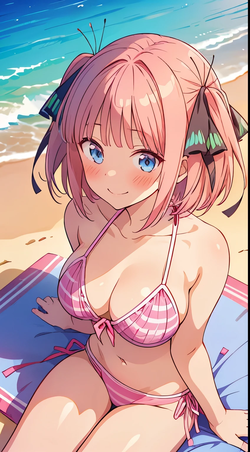 Nino Nakano is a character that appears in the anime "The Quintessential Quintuplets" 「The background is a sunny day at the sandy beach...」The eyes of this character are blue. My hairstyle is a bob cut with shockingpink color. This character is wearing a butterfly hair accessory. Please focus on this character. This character has a very lovely smile.high Quality. .. masterpiece,best quality,ultra detailed, My breast size is D cup. The background is a sunny day at the sandy beach. This character is wearing Skirt-style-bikini bikini.{ The color of this Micro bikini is very pink. } . Additionally, a glimpse of cleavage can be seen.
{bust-up shot}{High Resolution}{BestQuality}
{This character is facing forward and slightly leaning forward.}
(high angle shot)
{ This character is lying on the beach.}