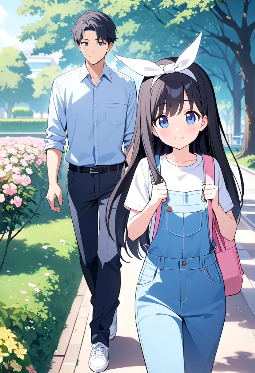  masterpiece、l chest denim overalls 、  Shiny black hair  、 long straight hair、white headband、 Light blue sneakers 、cute pink backpack 、Dark blue eyes、fun、  innocent smile  、One Man、 male office worker walking hand in hand with girl、Flowering park、