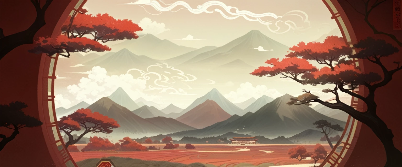 Chinese style，red background ，Depth of Field，Vision，Scene Graph，far away，Tree，Auspicious Clouds，Cirrus ，Original painting style， has no buildings，Distant Mountains，field， exquisite，Clarity，HD，Tree叶，，soft