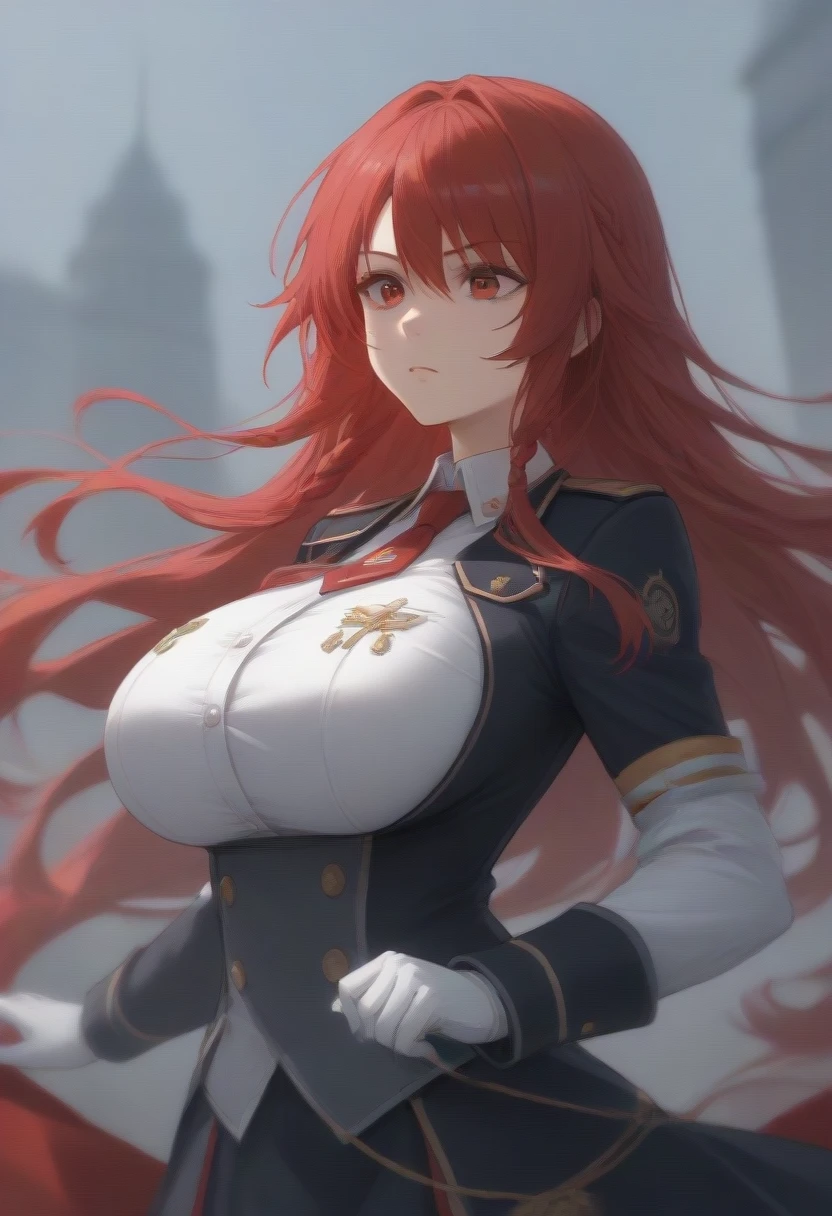 iris midgar, long hair, red eyes, braid, red hair, skirt, gloves, long sleeves, jacket, necktie, white gloves, uniform, military, military uniform,(((clavage,huge breast)))