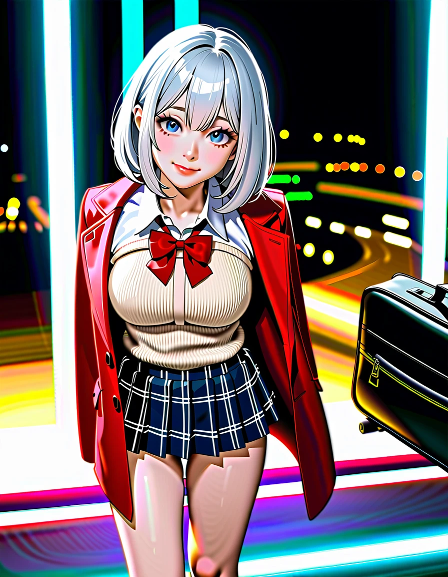 1 Japanese girl, ((shiny silver hair)), bob cut, bang between eyes, beautiful hair), (glossy silver eyes:1.5), (beautiful eyes, twinkle eyes, large eyes), (athlete body, large breasts), cute face, beautiful face, pretty face, beautiful, good anatomy, long eyelashes, expressive eyes, Perfect Hand, perfecteyes, glossy lips, 
BREAK (glossy silver eyes:1.5), (beautiful eyes, twinkle eyes, large eyes), (athlete body, large breasts), cute face, beautiful face, pretty face, beautiful, good anatomy, long eyelashes, expressive eyes, Perfect Hands, embarrassed, perfecteyes, 
BREAK (School Uniforms:1.3), (wear a beige cable knit-sweater over a white collared-shirt:1.4), (tucked out sweater, sweater pull:1.3), (red bow:1.4), (plaid pattern pleated skirt:1.3), holding a black school bag, 
BREAK 1girl, morning, walking, sunny, city, street, contrapposto, smile, happy, 
BREAK Sketch, UHD, retina, masterpiece, high details, high quality, super detail, best quality, highres, 4K, 8k, cute, beautiful, full body detailed, 32K, high details, perfect lighting, perfect anatomy, sharp outline, high definition, extreme illustration, ambient lights, soft light,