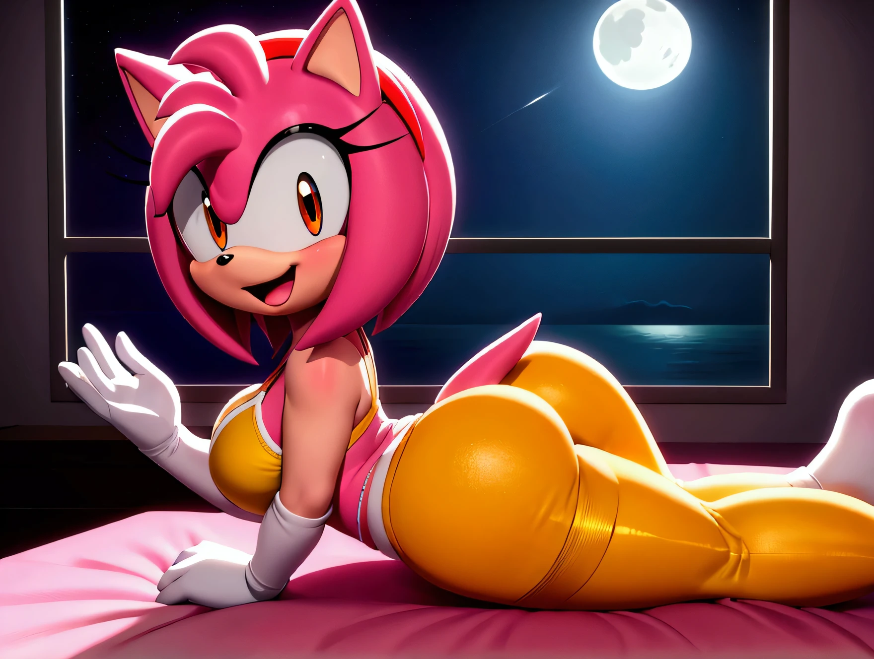 Amy rose, orange eyes, lying on the bed ,  showing the butt, wearing light yellow tights, with straps ,  support black sports bras ,  White gloves ,white underwear,happy look , In a room,large window ,with sea view ,  moon lighting  .