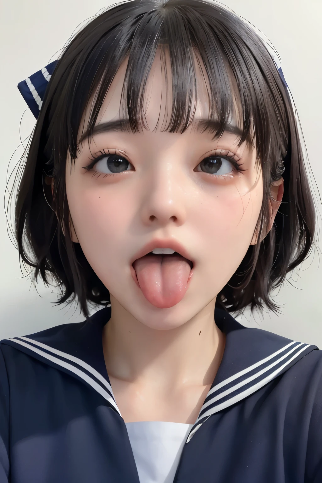 masterpiece、(Best Quality:1.4)、1girl、(nsfw)、Super detailed、Head view、 view looking down from directly above Black Hair、Blunt Bangs ars old、 Japanese high school girl sailor suit、 the navy blue sailor suit ahe face、Acme Face、 stick out your tongue、 drool 、 saliva on clothes、long tongue、リアルな drool 、Lots of saliva、Liquid in the mouth 、Large amounts of liquid、saliva、drool Realistic sunlight 、Realistic Shadows face focus、face close-up、Face is close、Close-up of face、front