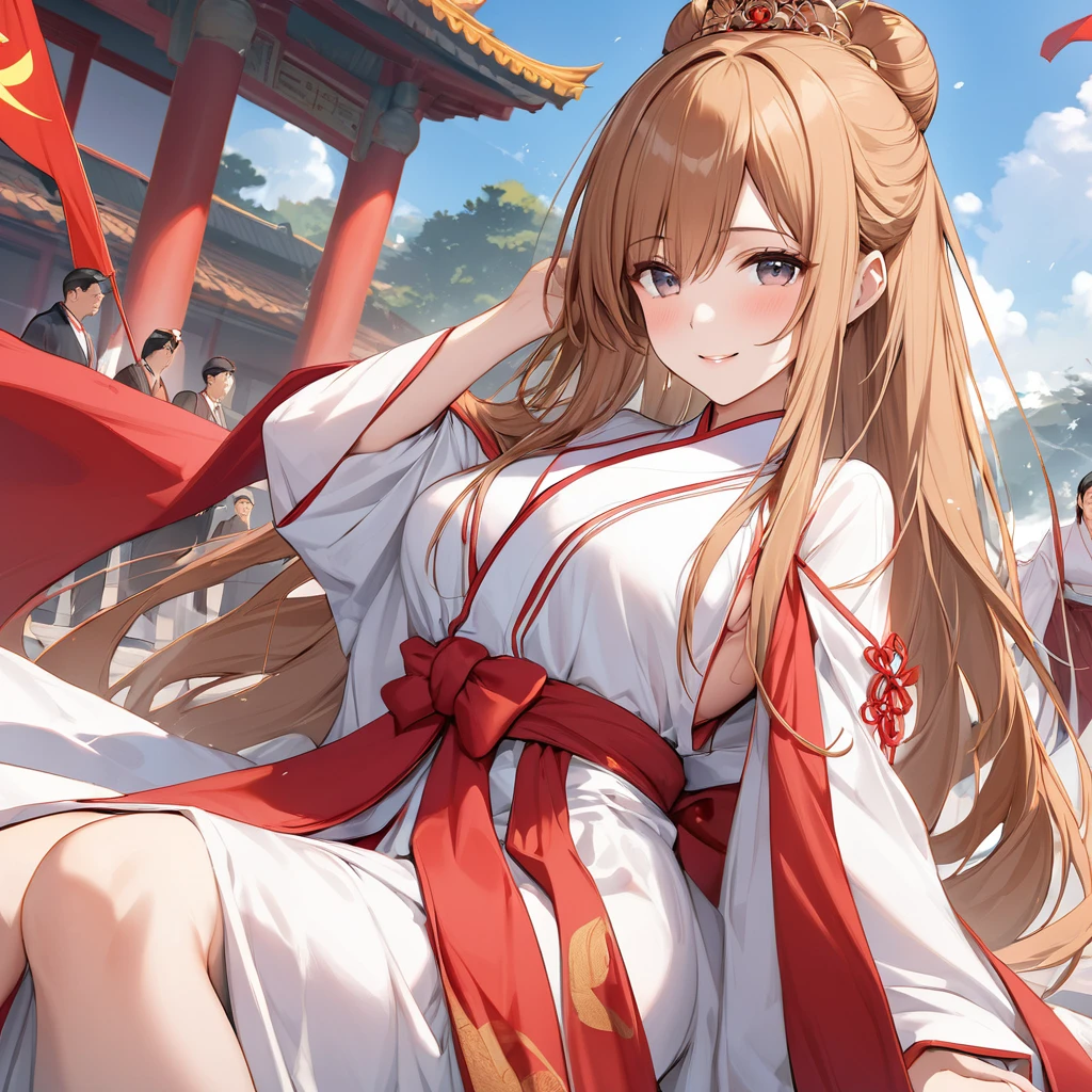  The woman who is a member of the Chinese Communist Party is beautiful, bright brown-haired Yuki Asuna, wears the gorgeous Hanfu of an ancient Chinese empress who is a member of the Chinese Communist Party, pledges absolute loyalty and love to a great Chinese Communist Party executive man, and supports and loves each other in public and private as a wife、((Best Quality)), ((masterpiece)), ( Details), （ perfect face）,The woman is Yuki Asuna, who has bright brown hair with outstanding proportions and is finished as the woman of an ancient Chinese empress 、The woman is smiling gently