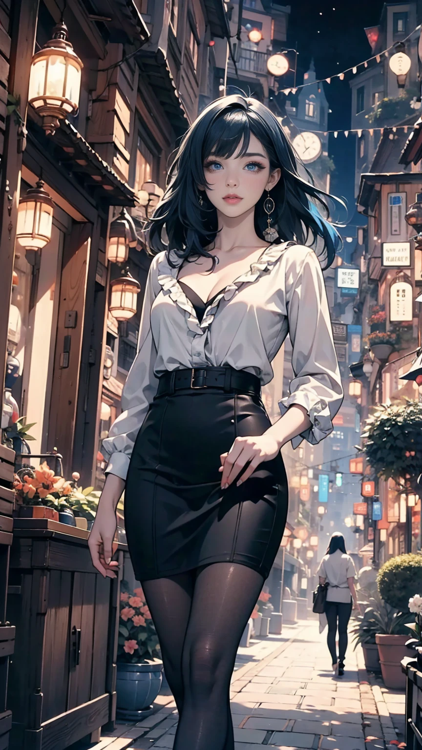 (Beyond the masterpiece, best quality, high resolution, incredibly absurdres, realistic depiction, ultra detailed artwork, perfect anatomy,anatomically correct, UHD, 4k, 8k,) solo, seductive female is walking down an old European street that is like Prague, (realistic detailed portrait, face to knees), looking at views, detailed sexy face, detailed beautiful eyes, eyelashes, makeup, BREAK \(beautiful blue hair, medium long hair, thin hair, moving by breeze\), medium breasts, looking at viewer, BREAK \(white shirt, frills, pencil skirt, cleavage\),  beta, (detailed depictions of background, (beautiful ultra detailed townscape of Prague), romantic,(Night scene), (detailed old European night street)), perfect)