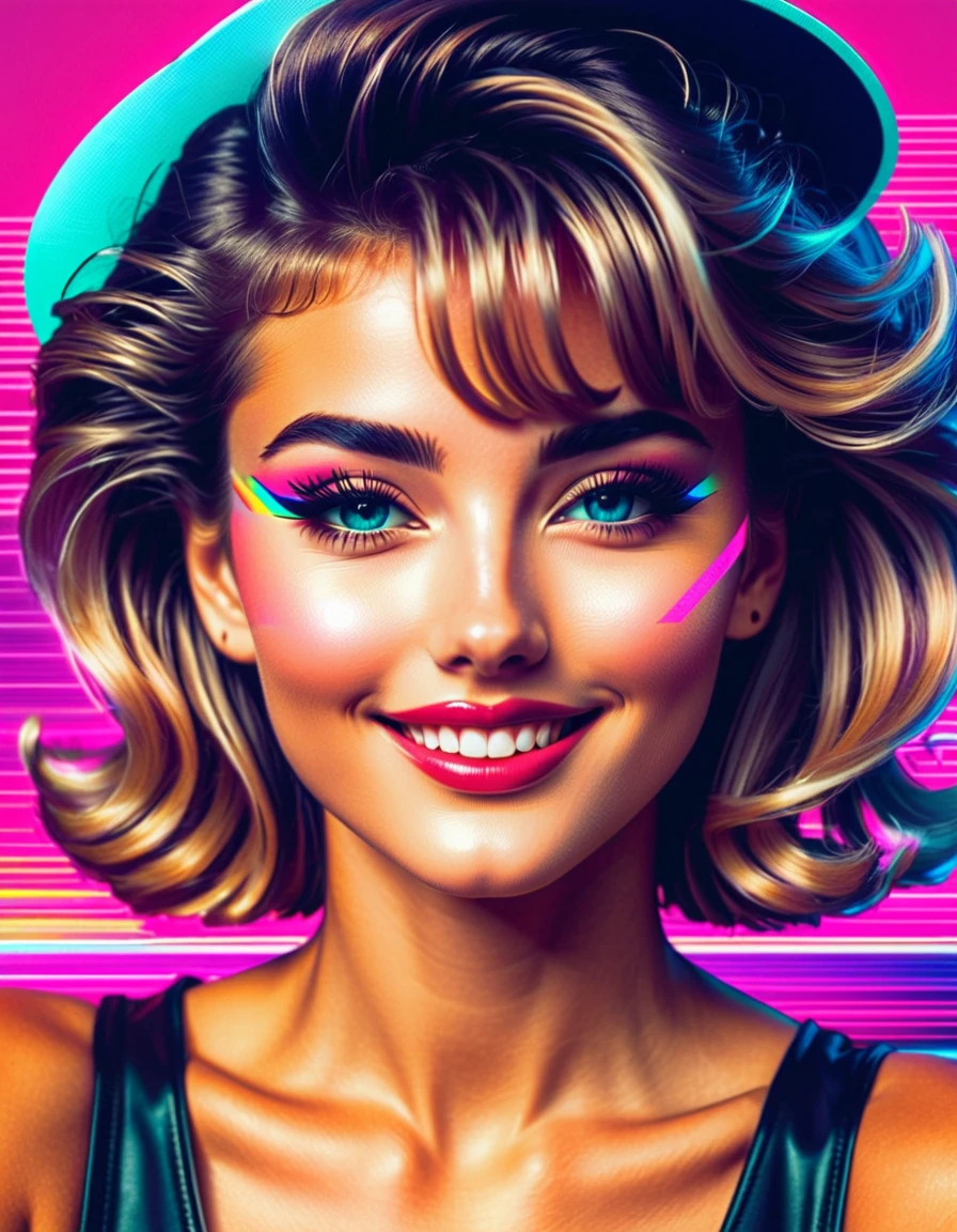 Highly detailed beautiful face Retro girl, 80s retro girl winking, smiling and giving an OK sign. RGB Color Shift, chromatic aberration, RGB Shift Video Glitch Photo Effect, Color Noise Texture, Cyberpunk Background, vaporwave style. 