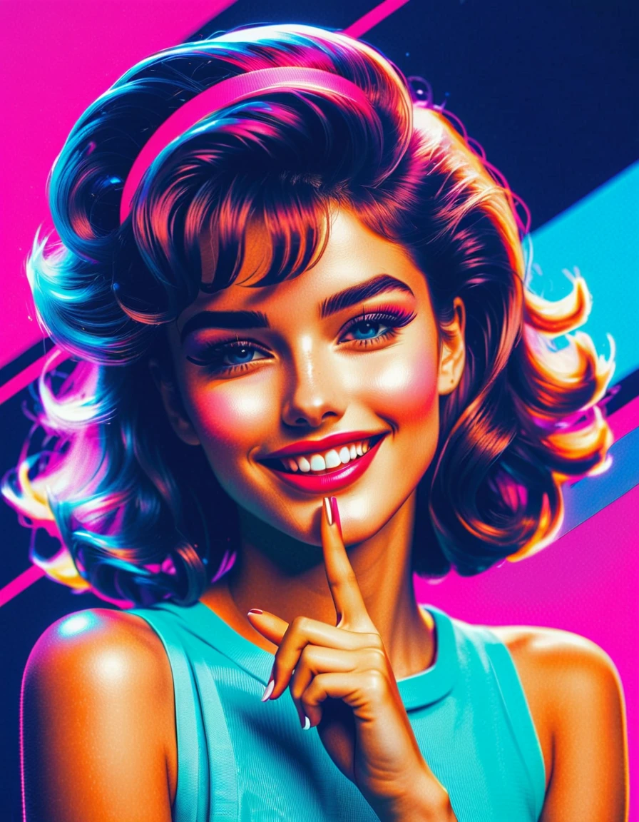 Highly detailed beautiful face Retro girl, 80s retro girl winking, smiling and giving an OK sign. RGB Color Shift, chromatic aberration, RGB Shift Video Glitch Photo Effect, Color Noise Texture, Cyberpunk Background, vaporwave style. 