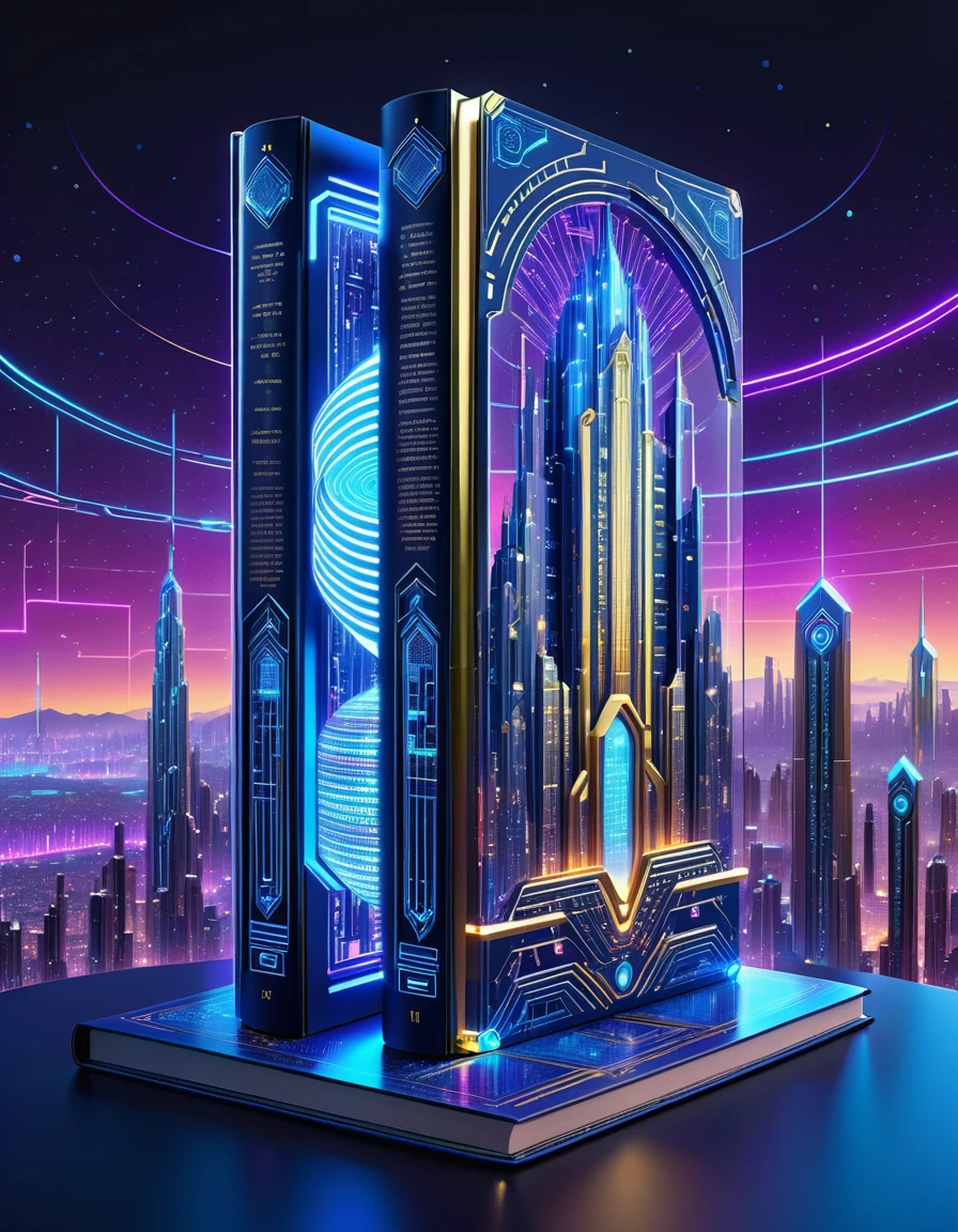 A holographic Futuristic Bible written by Artificial Intelligence, set in a neon-lit, cyberpunk metropolis cityscape at dusk, where sleek skyscrapers pierce the smog-filled sky. The tome's transparent, crystal-like pages, adorned with glowing circuits and algorithms, shimmer with an ethereal light. The aesthetics evoke a sense of avant-garde, technological spirituality, blending ancient wisdom with cutting-edge innovation. Vibrant hues of electric blue, silver, and gold dance across the cover, punctuated by intricate, swirling patterns of code, imbuing the image with a sense of wonder and mysticism.