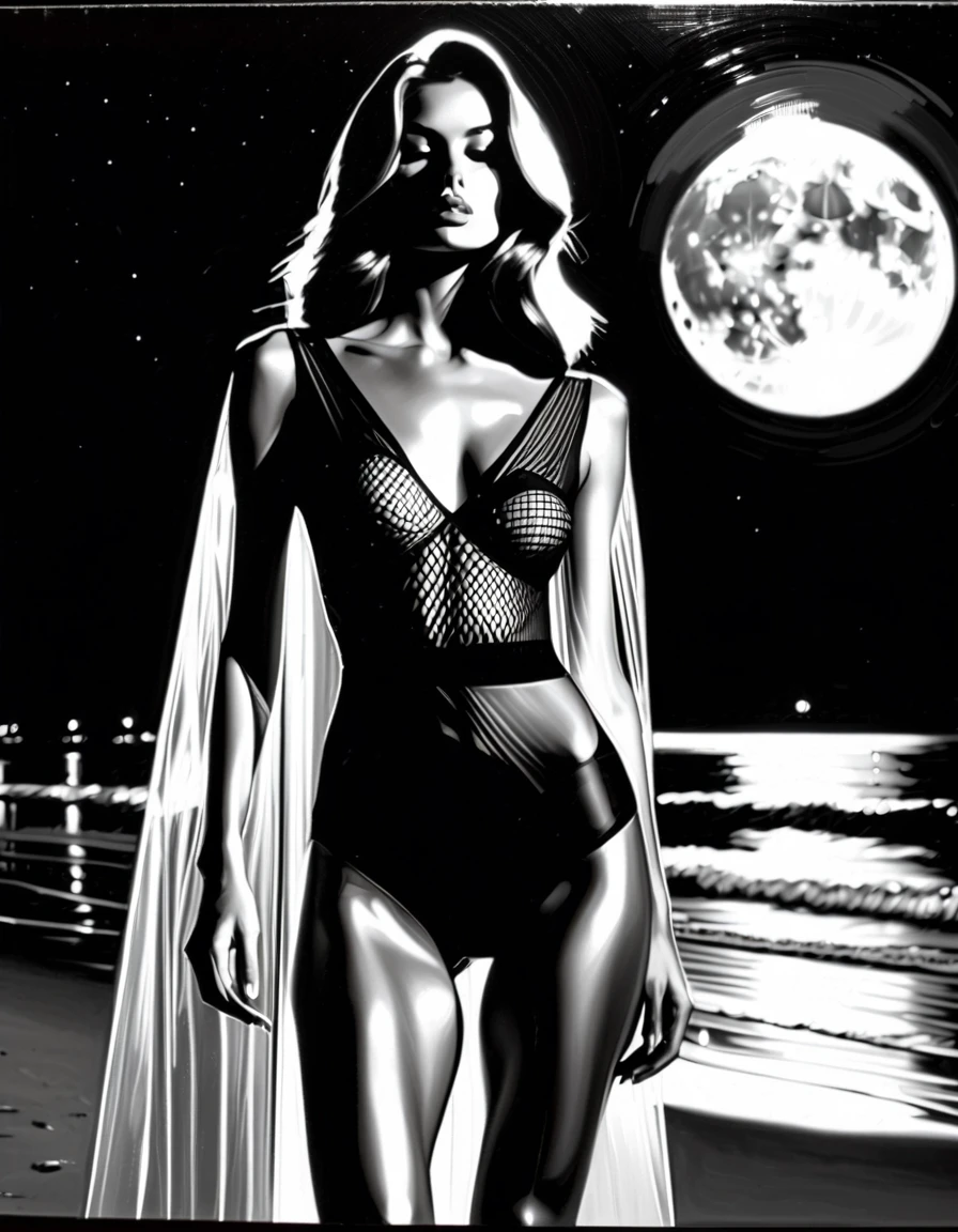 Black and white photo of a sexy girl with straight hair in a see-through dress on the beach at night, Bright full moon, (oil painting, inspired by Bill Sienkiewicz, by Reusch)