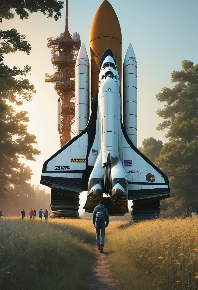 ((​masterpiece、top-quality、ultra-definition、hight resolution))、4K picture qualitya rusted space shuttle in a field, a village landscape, people standing, (best quality,4k,8k,highres,masterpiece:1.2),ultra-detailed,(realistic,photorealistic,photo-realistic:1.37),HDR,UHD,studio lighting,ultra-fine painting,sharp focus,physically-based rendering,extreme detail description,professional,vivid colors,bokeh,Simon stalenhag style ((​masterpiece、top-quality、ultra-definition、hight resolution))、4K picture quality