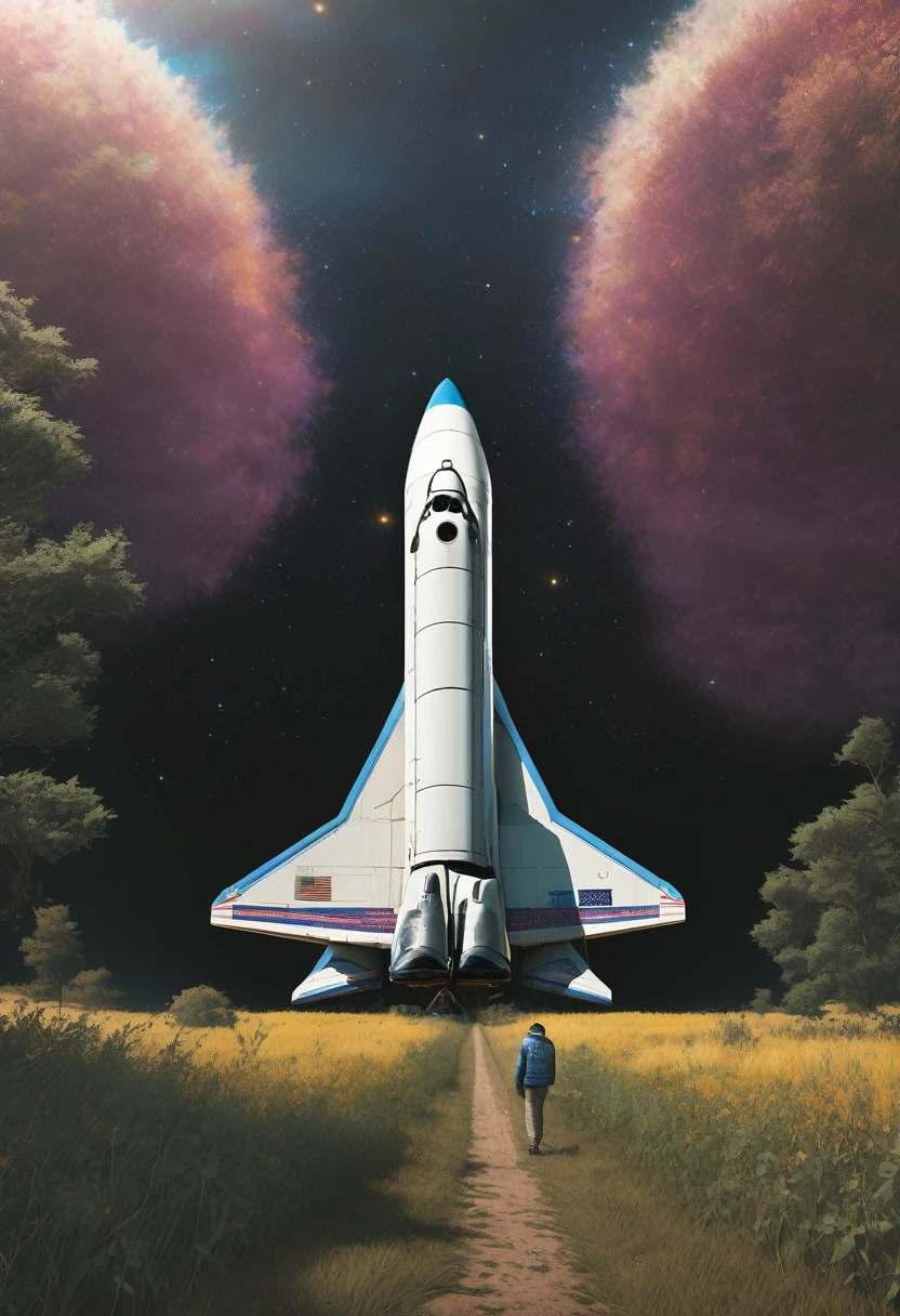 ((​masterpiece、top-quality、ultra-definition、hight resolution))、4K picture qualitya rusted space shuttle in a field, a village landscape, people standing, (best quality,4k,8k,highres,masterpiece:1.2),ultra-detailed,(realistic,photorealistic,photo-realistic:1.37),HDR,UHD,studio lighting,ultra-fine painting,sharp focus,physically-based rendering,extreme detail description,professional,vivid colors,bokeh,Simon stalenhag style ((​masterpiece、top-quality、ultra-definition、hight resolution))、4K picture quality