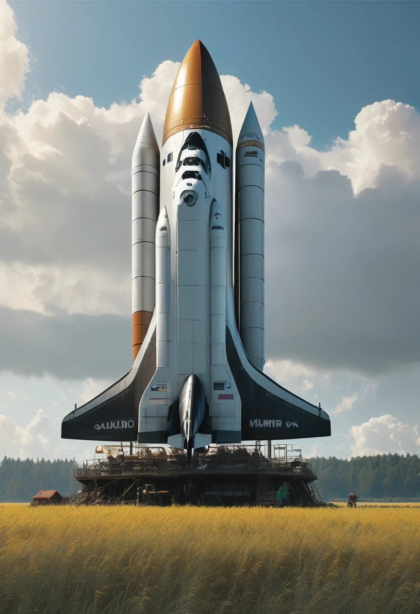 ((​masterpiece、top-quality、ultra-definition、hight resolution))、4K picture qualitya rusted space shuttle in a field, a village landscape, people standing, (best quality,4k,8k,highres,masterpiece:1.2),ultra-detailed,(realistic,photorealistic,photo-realistic:1.37),HDR,UHD,studio lighting,ultra-fine painting,sharp focus,physically-based rendering,extreme detail description,professional,vivid colors,bokeh,Simon stalenhag style ((​masterpiece、top-quality、ultra-definition、hight resolution))、4K picture quality