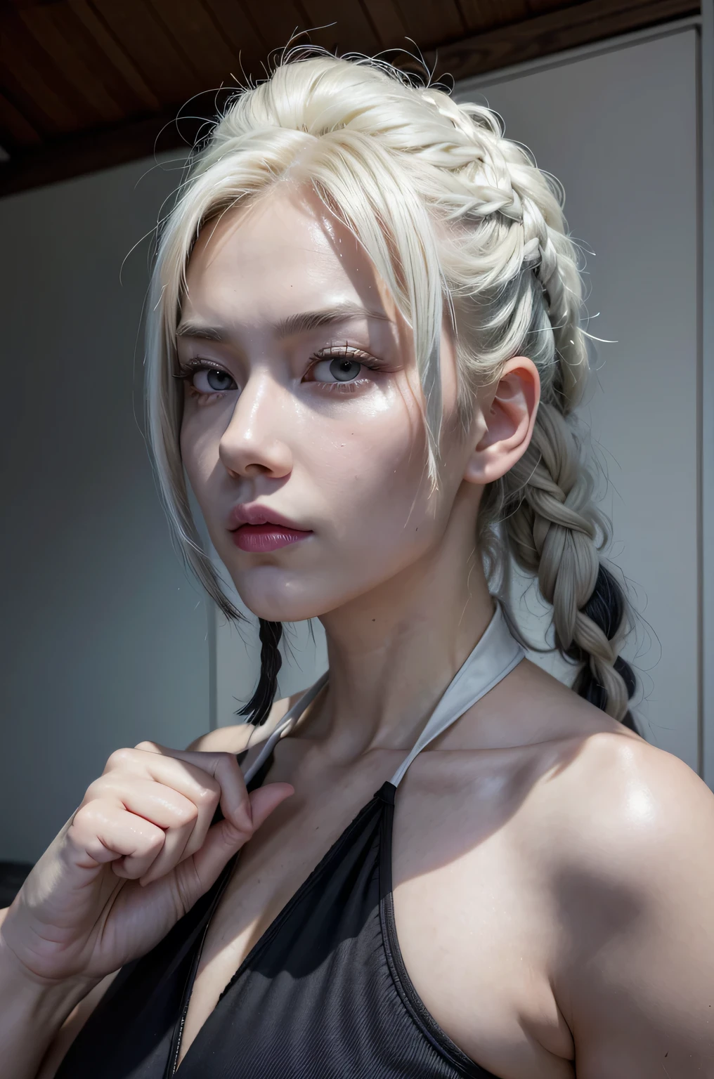 Mei mei from jujutsu kaisen, realistic, age 25, pure white skin, black pupils, white long front side braided hair, sidelocks, pony tail, perfect face, perfect shape body, huge breasts, posing to viewer. 